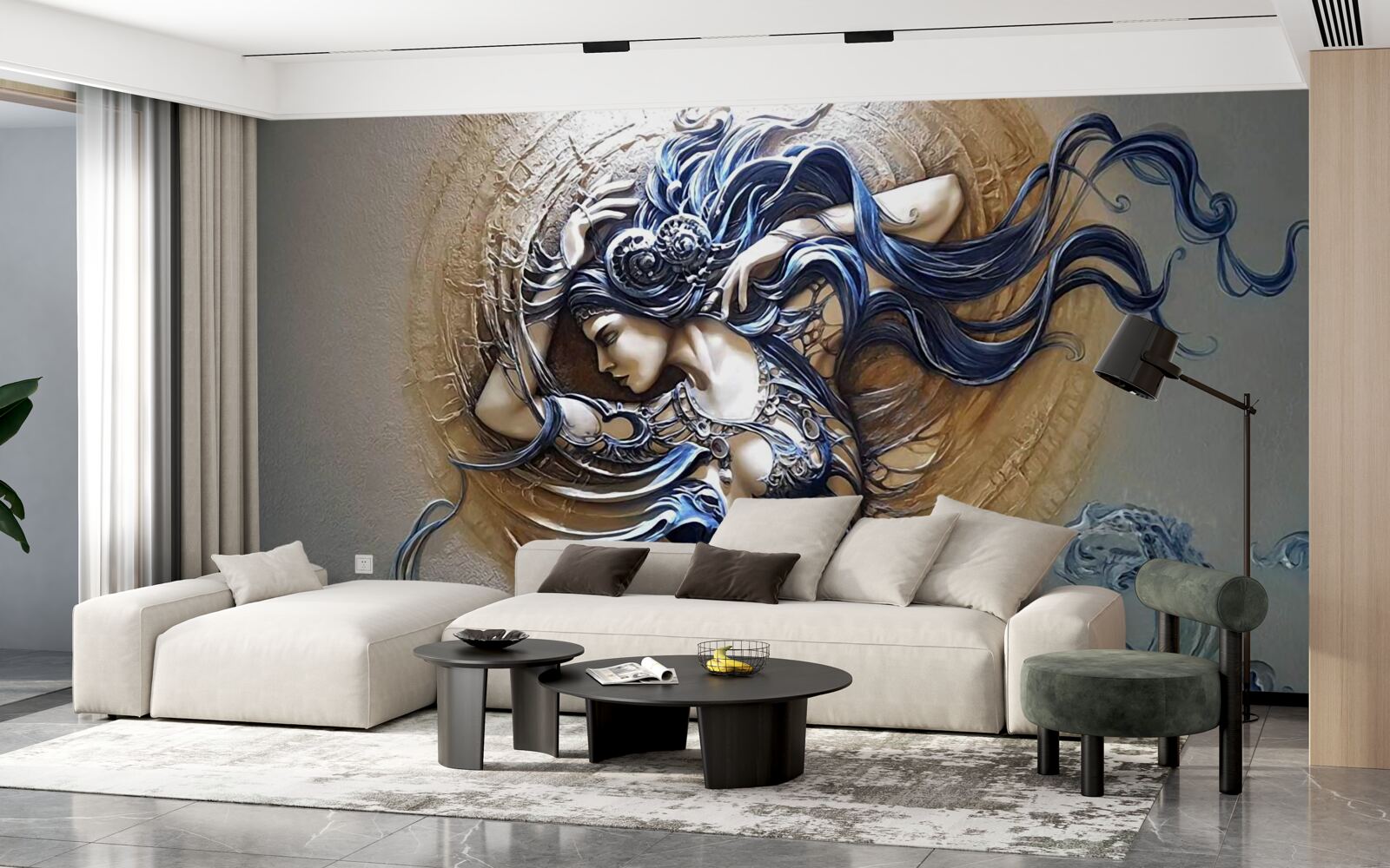 Fotobehang beeld van een meisje in felle kleuren met de zon op de achtergrond