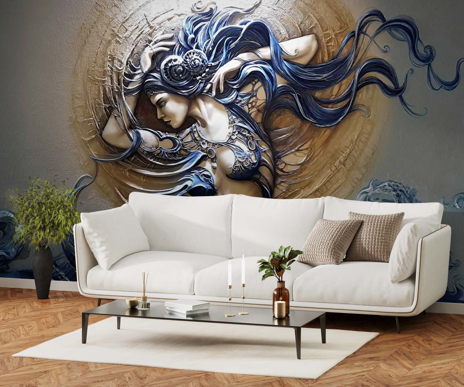 Fotobehang beeld van een meisje in felle kleuren met de zon op de achtergrond