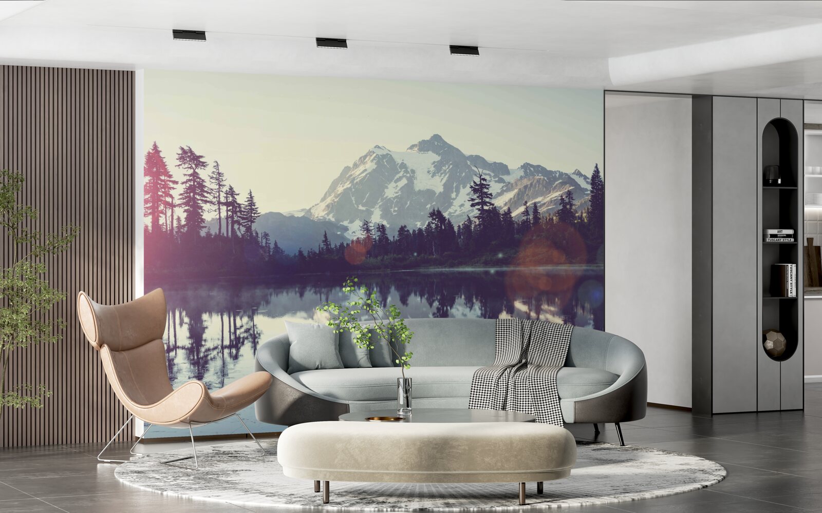 Fotobehang adembenemend uitzicht op bergen en bossen weerspiegeld in kristalhelder water