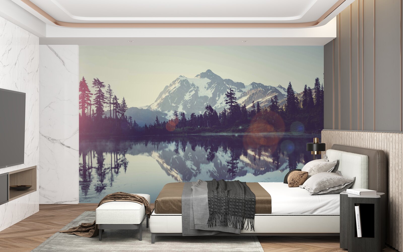 Fotobehang adembenemend uitzicht op bergen en bossen weerspiegeld in kristalhelder water