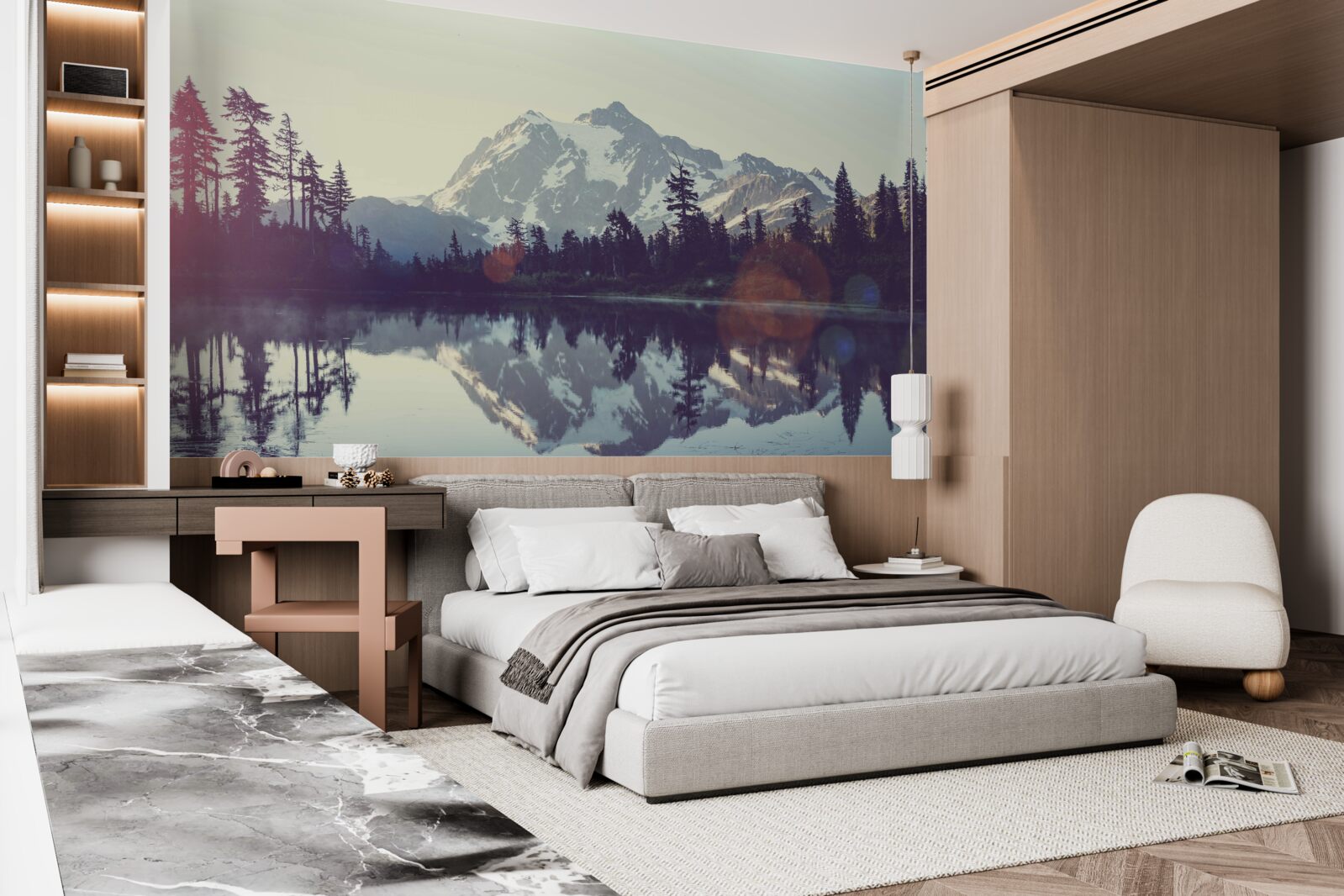 Fotobehang adembenemend uitzicht op bergen en bossen weerspiegeld in kristalhelder water