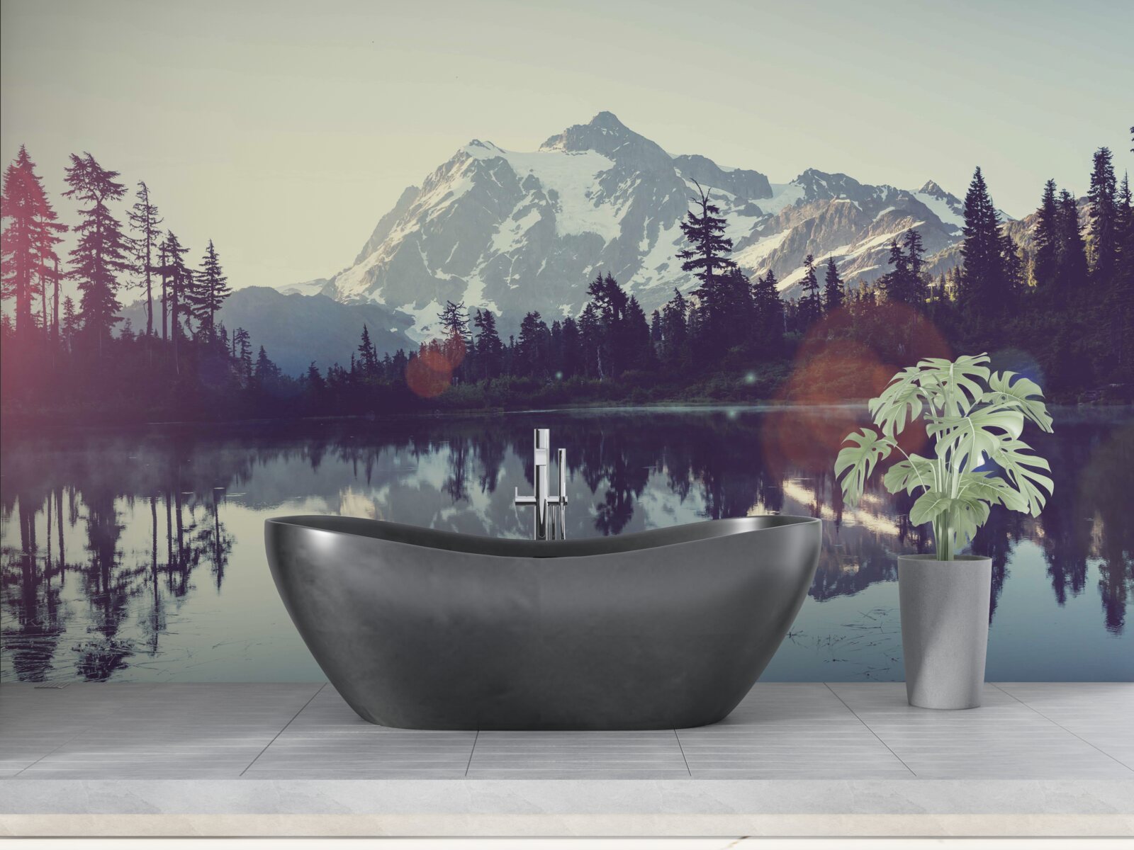 Fotobehang adembenemend uitzicht op bergen en bossen weerspiegeld in kristalhelder water