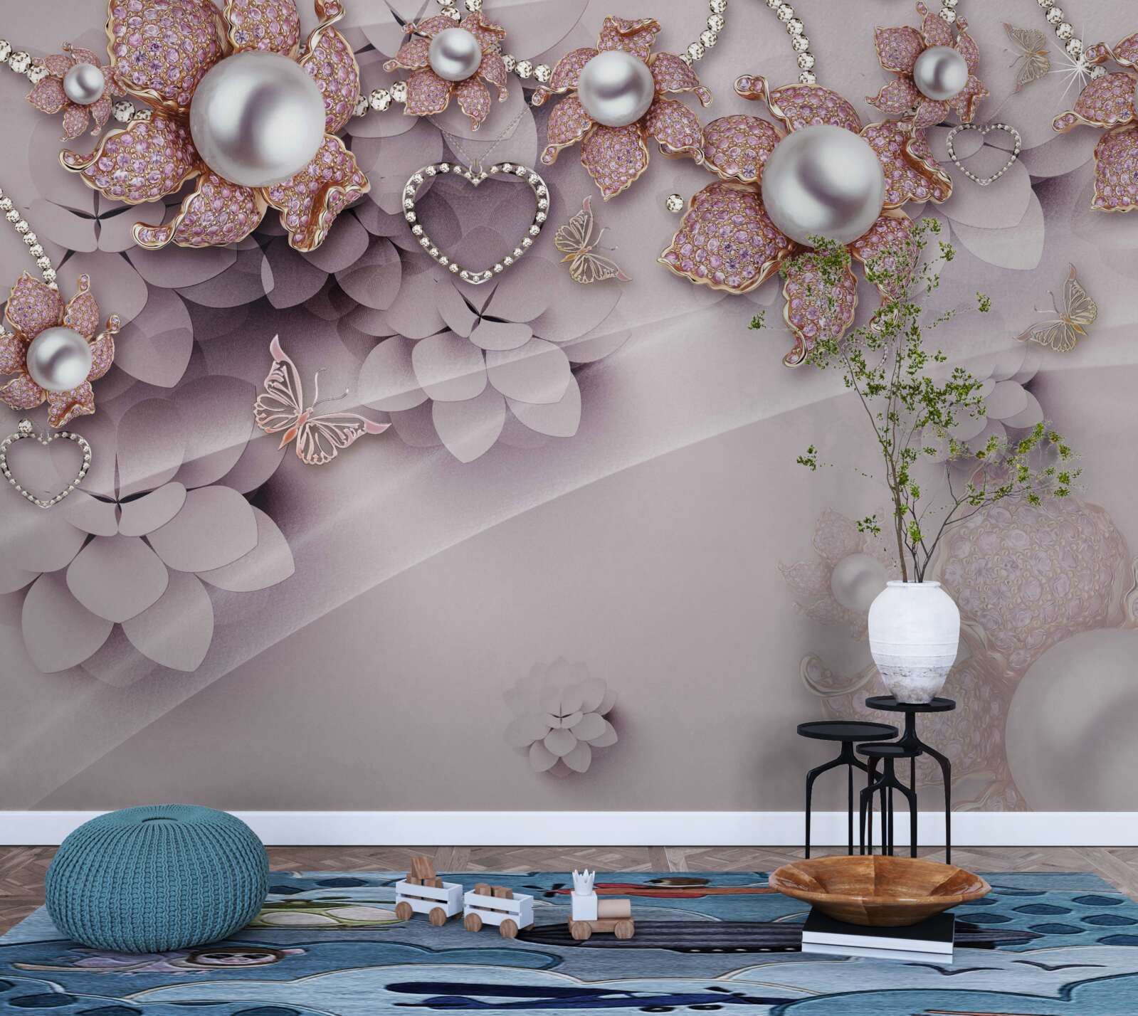 Fotobehang bloemen abstract gecreëerd met parels en edelstenen