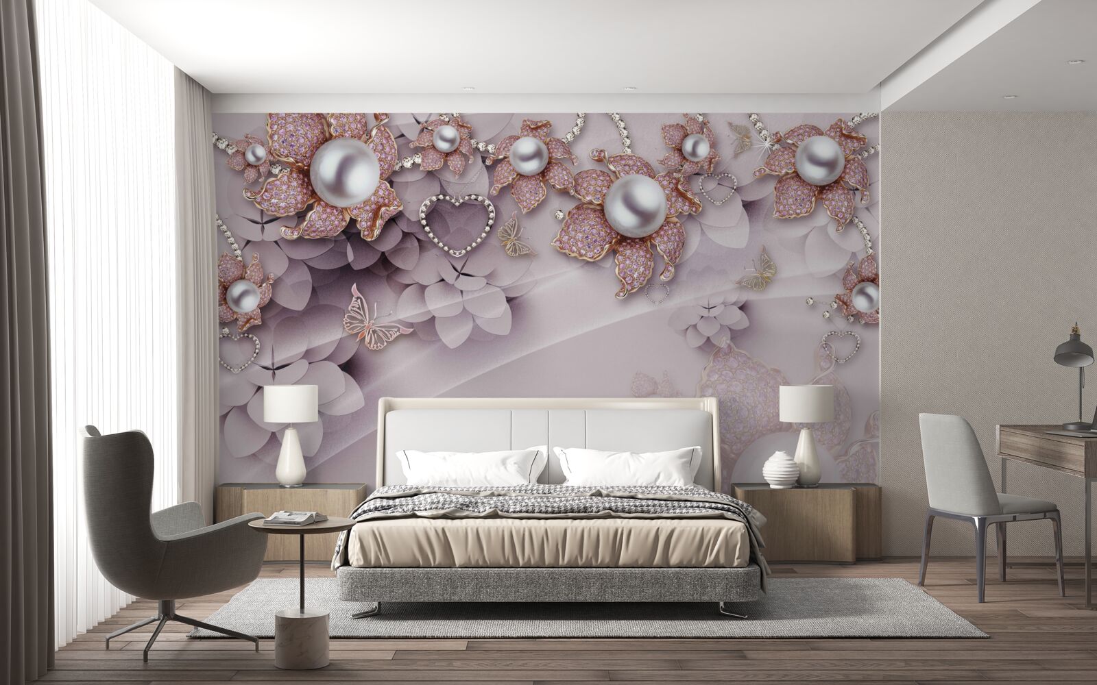 Fotobehang bloemen abstract gecreëerd met parels en edelstenen