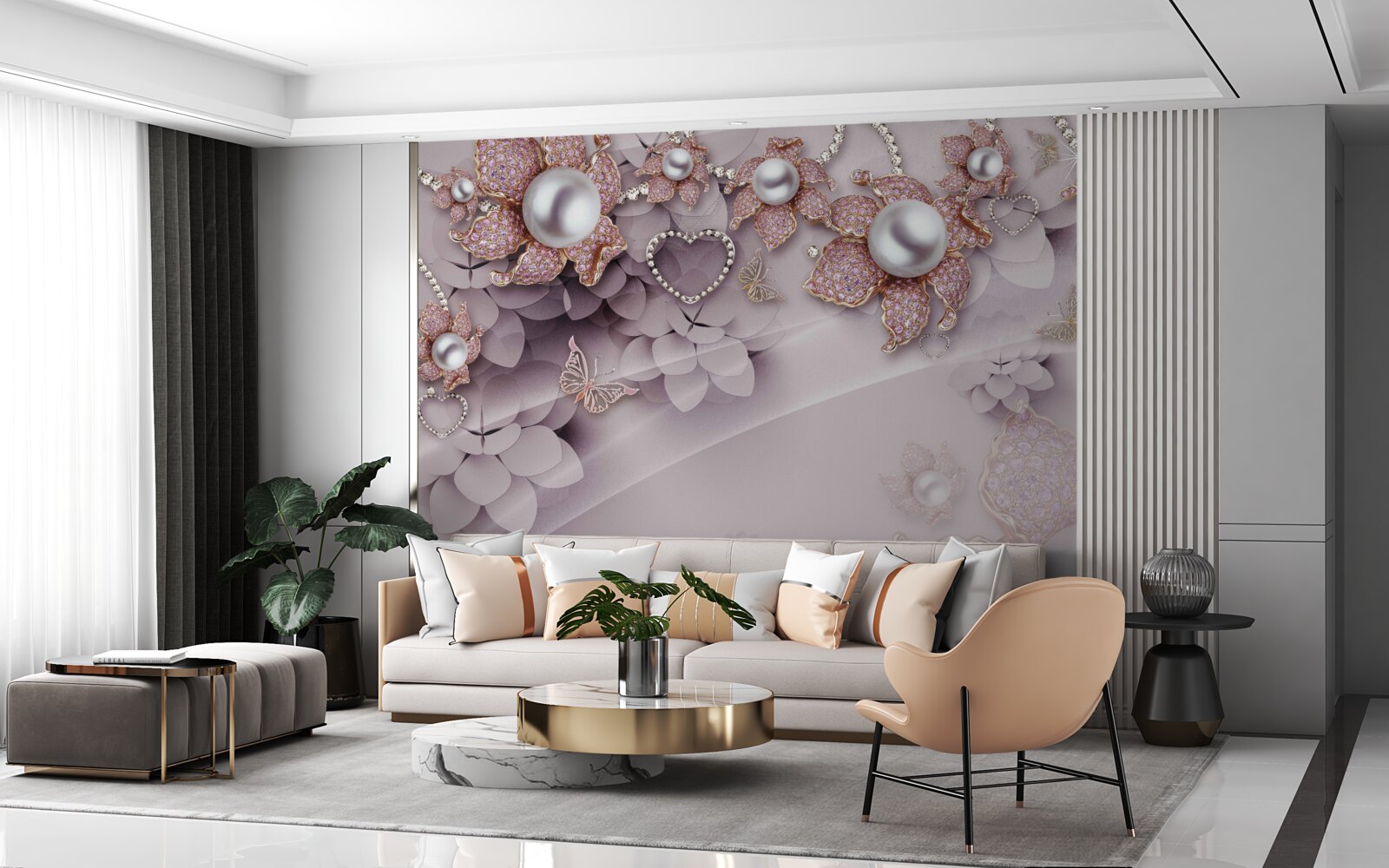 Fotobehang bloemen abstract gecreëerd met parels en edelstenen