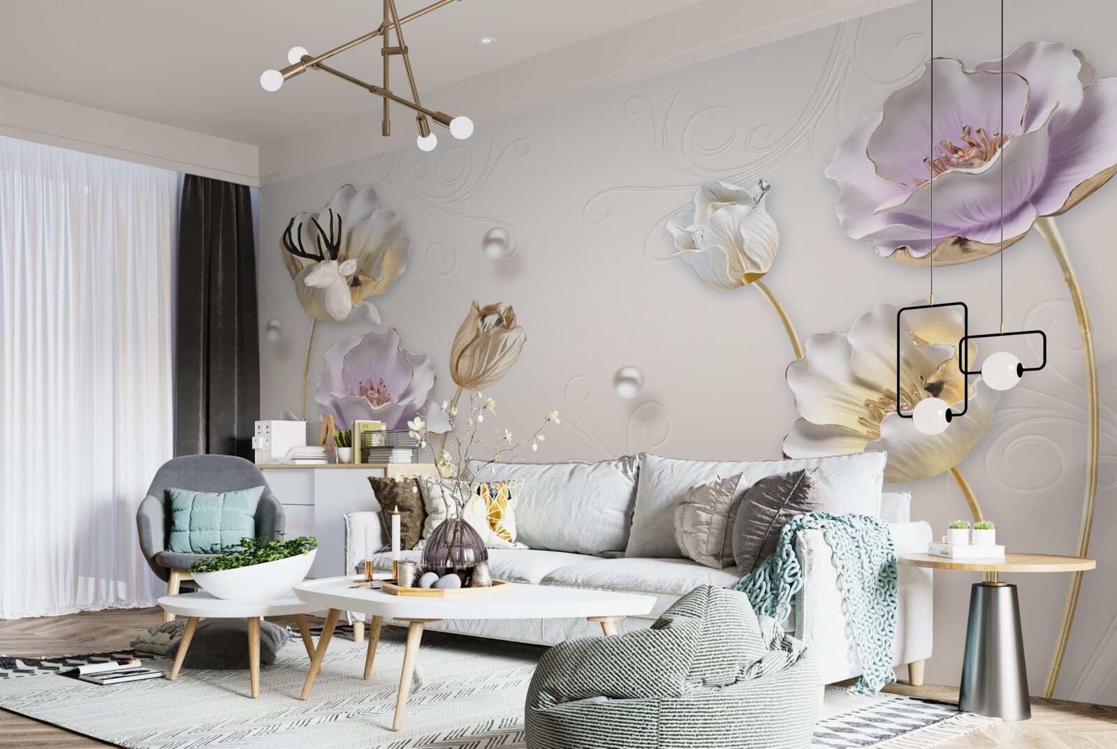 Fotobehang elegante parelmoeren bloemen