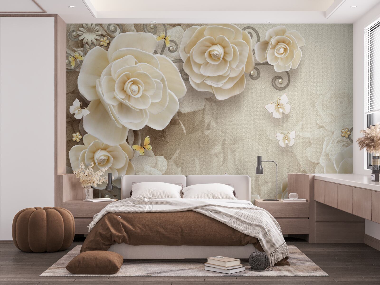 Fotobehang bloemen met parels op een glanzend oppervlak