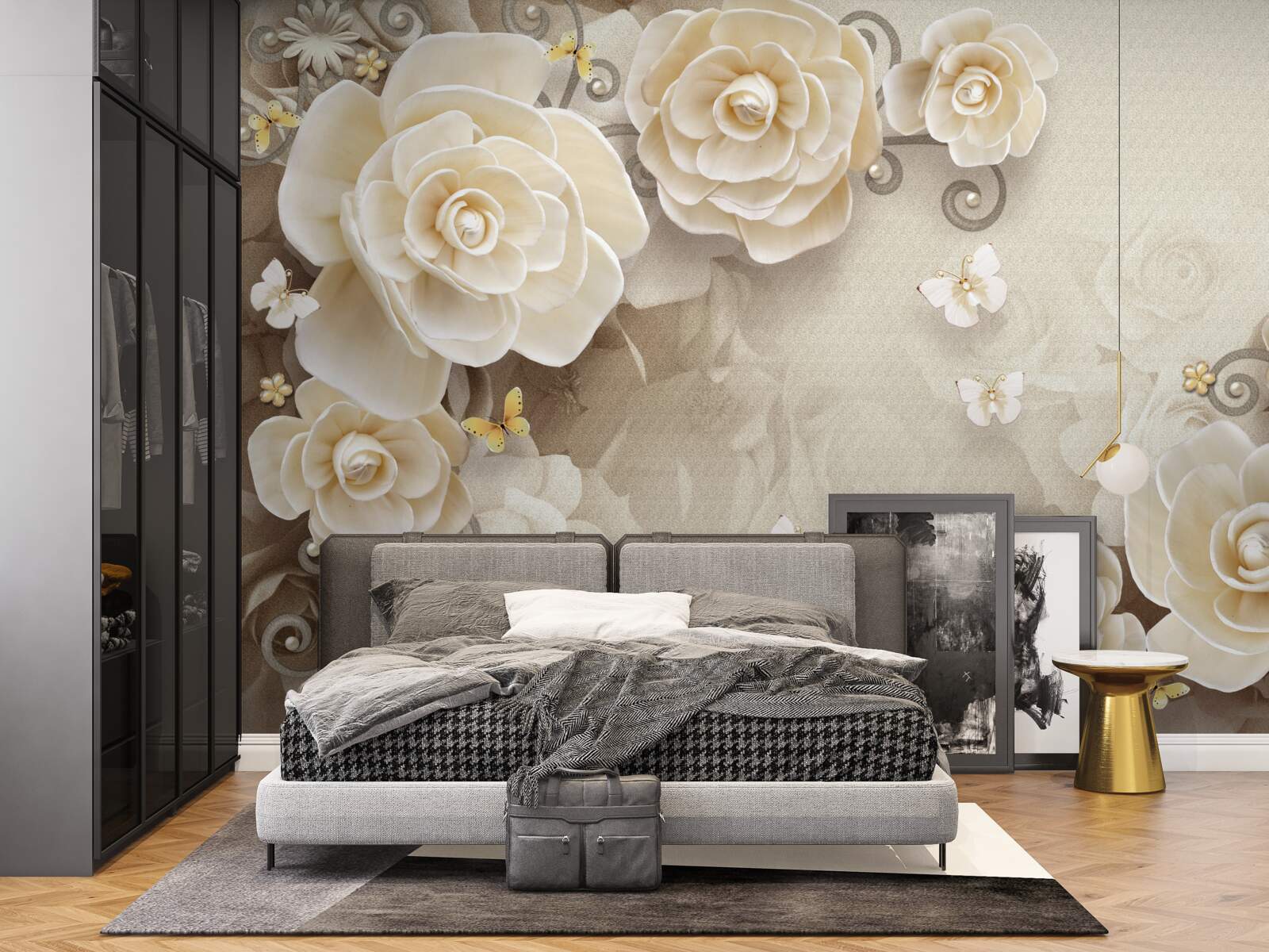 Fotobehang bloemen met parels op een glanzend oppervlak