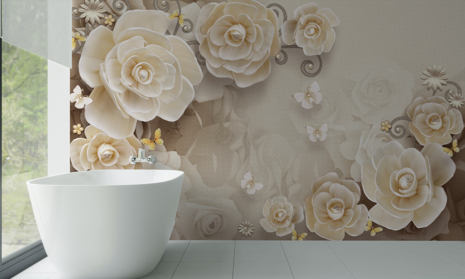 Fotobehang bloemen met parels op een glanzend oppervlak