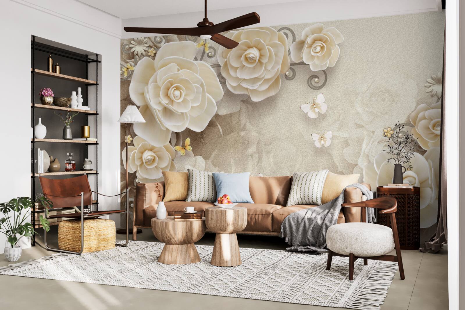 Fotobehang bloemen met parels op een glanzend oppervlak