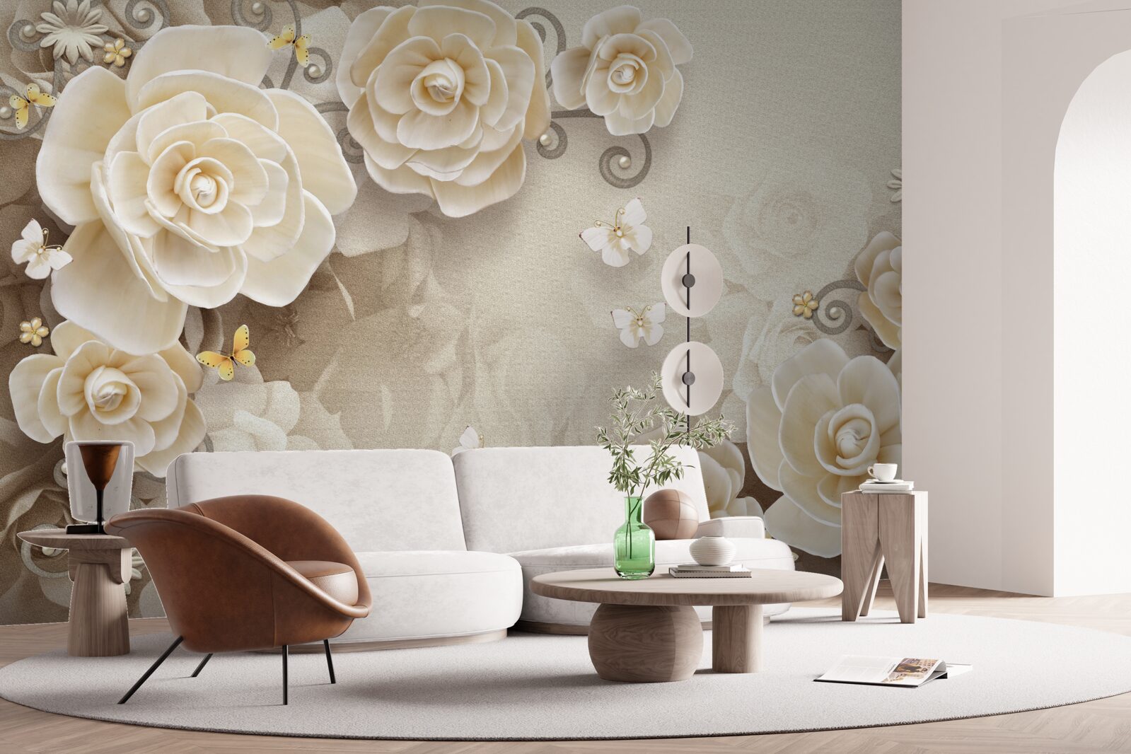 Fotobehang bloemen met parels op een glanzend oppervlak