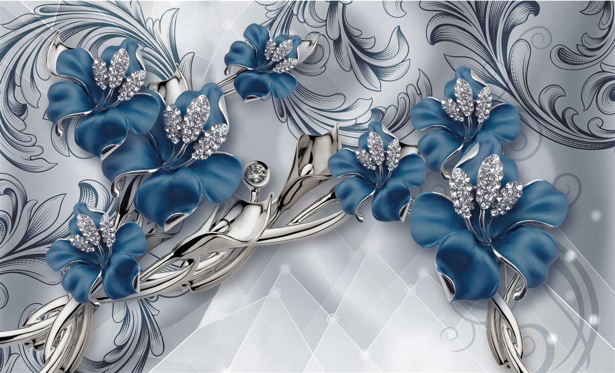 Fotobehang zilverblauwe bloemen