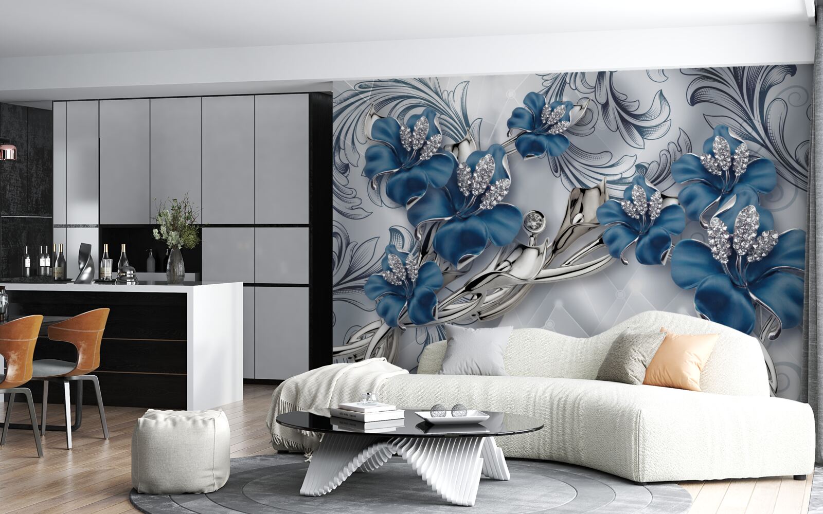 Fotobehang zilverblauwe bloemen