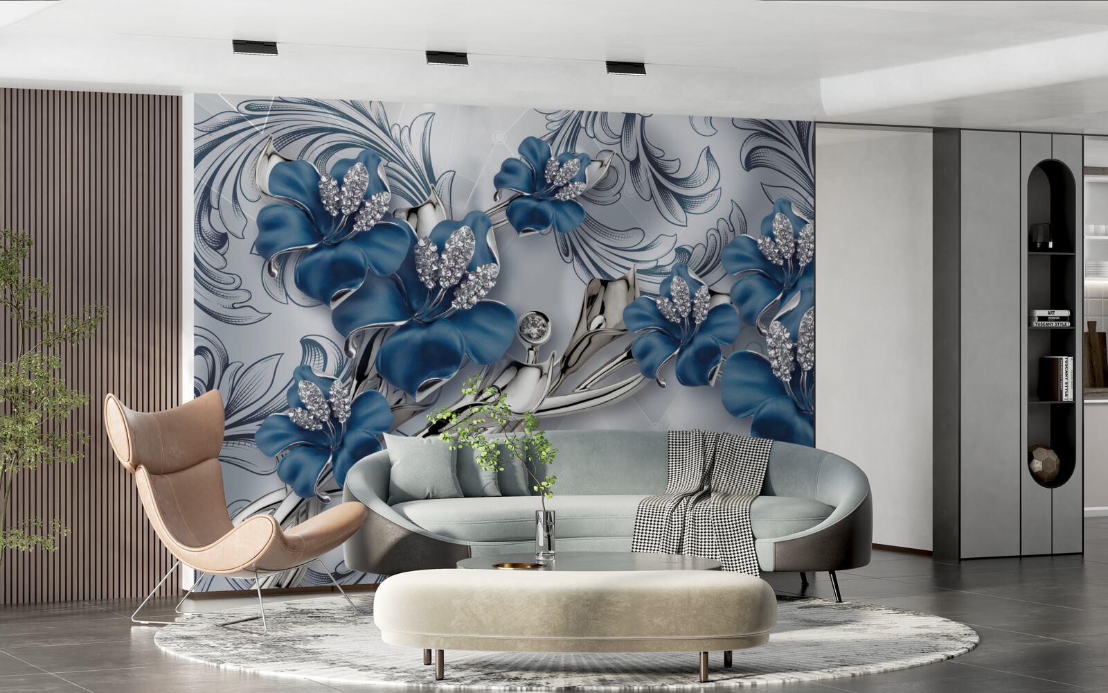 Fotobehang zilverblauwe bloemen