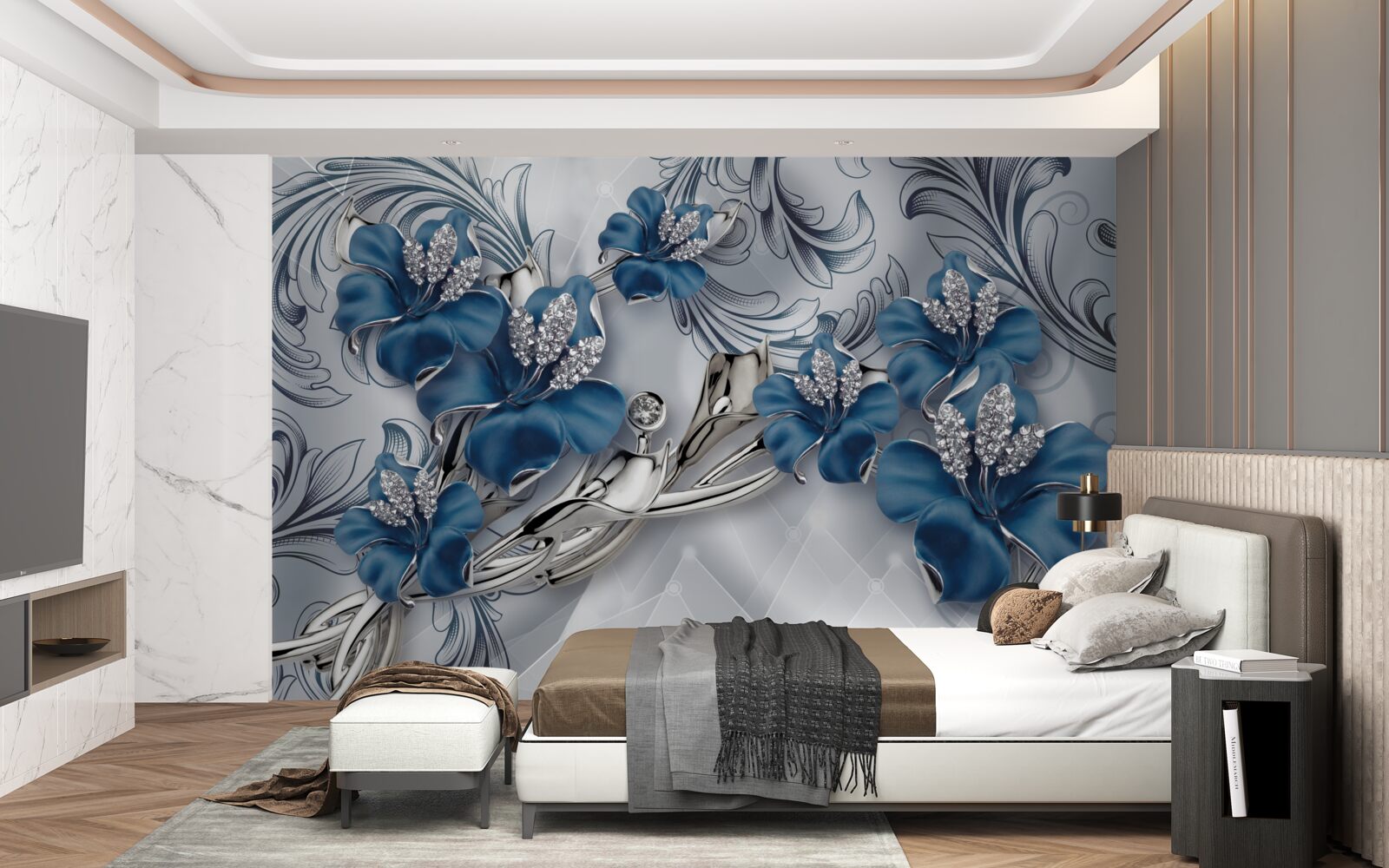 Fotobehang zilverblauwe bloemen