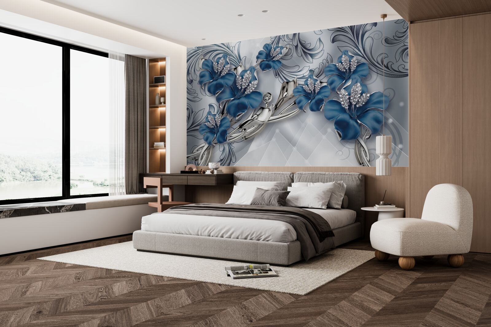 Fotobehang zilverblauwe bloemen