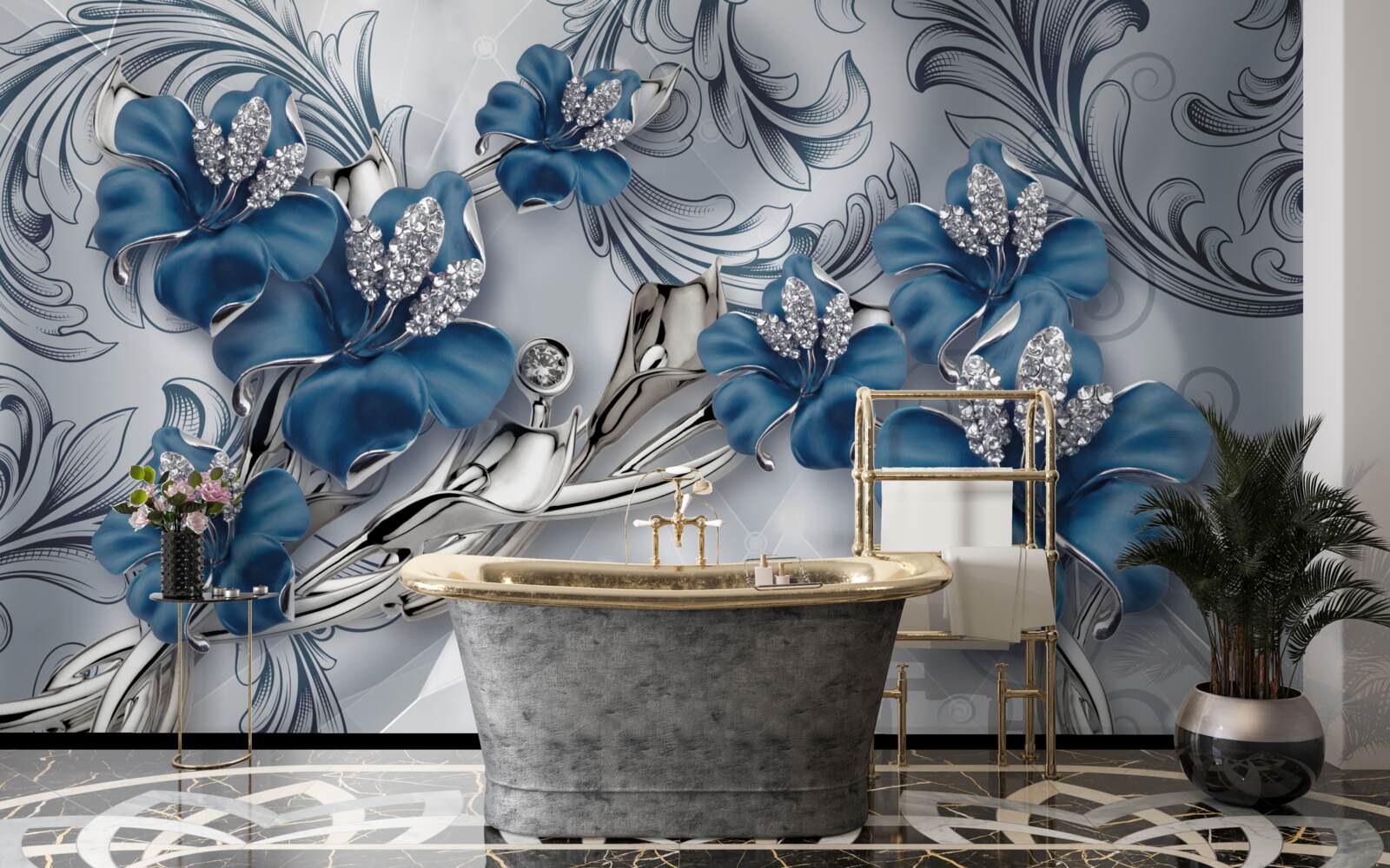 Fotobehang zilverblauwe bloemen