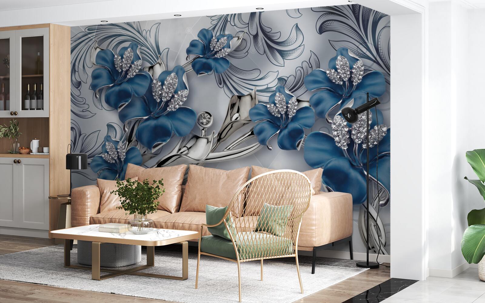 Fotobehang zilverblauwe bloemen