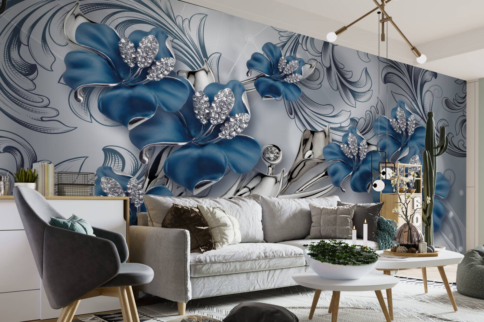 Fotobehang zilverblauwe bloemen