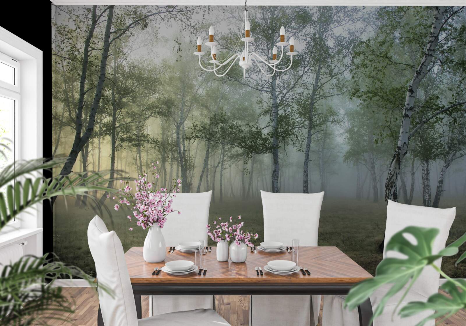 Fotobehang hoge berken gehuld in ochtendmist