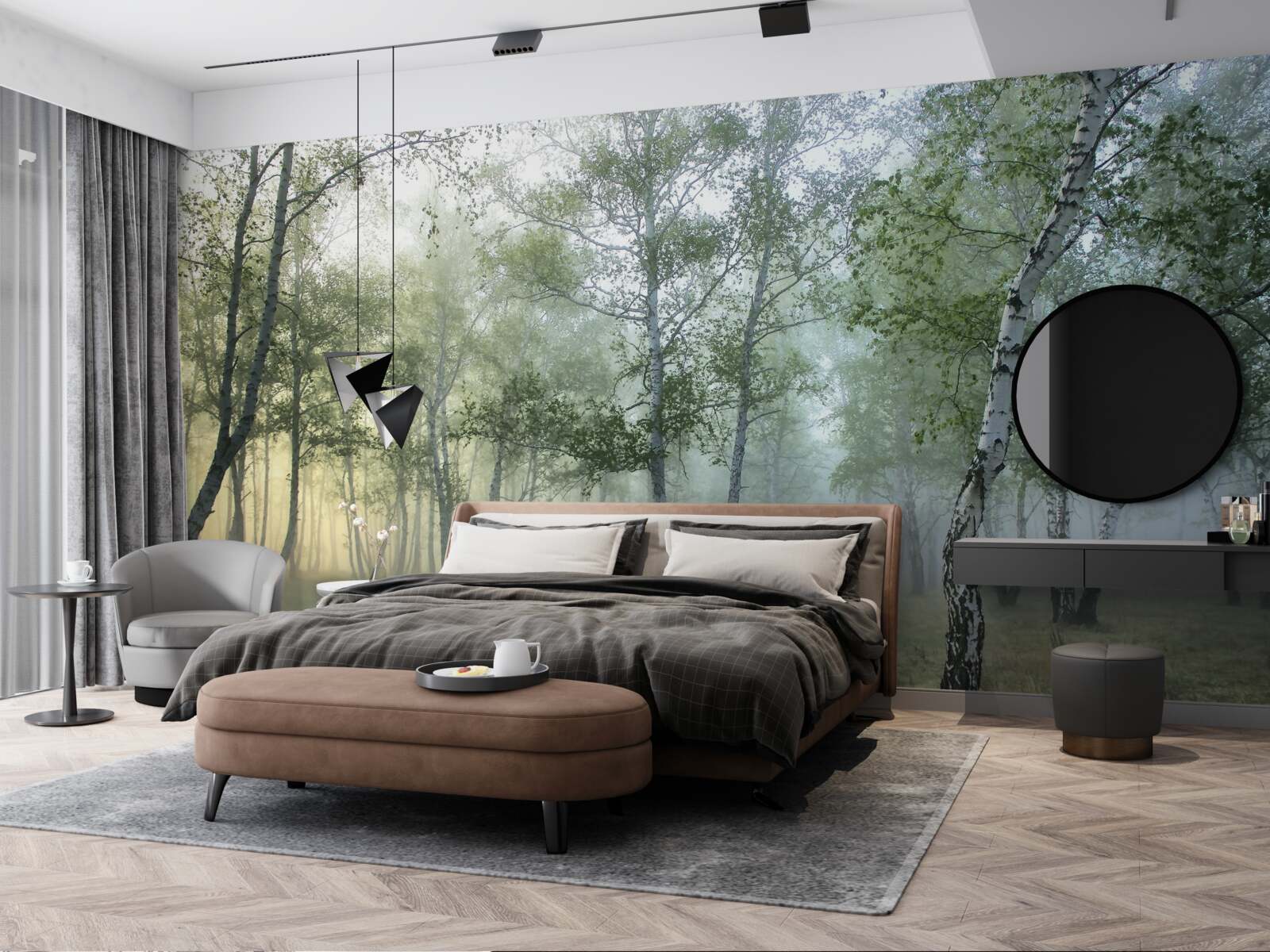 Fotobehang hoge berken gehuld in ochtendmist