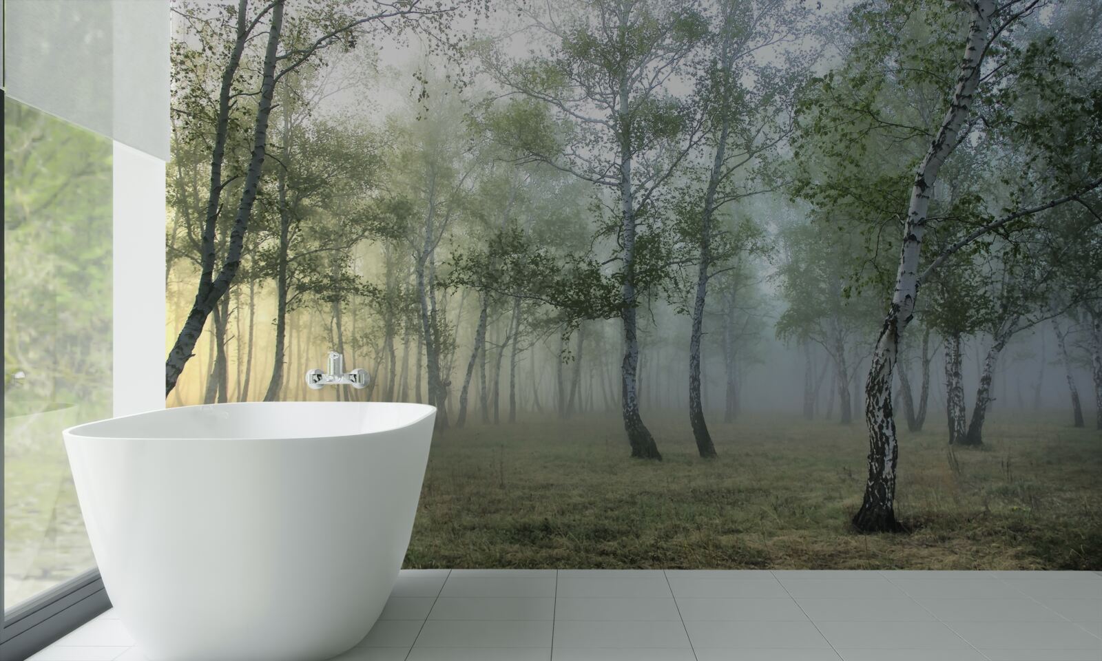 Fotobehang hoge berken gehuld in ochtendmist