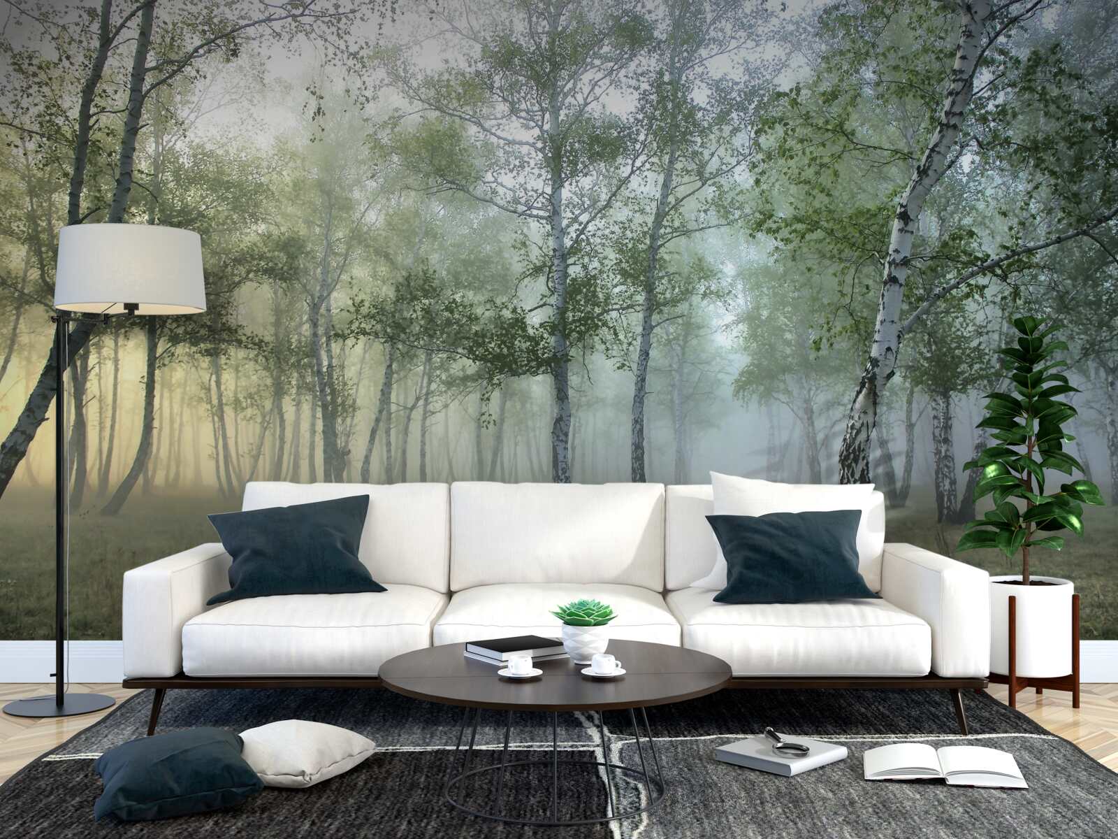 Fotobehang hoge berken gehuld in ochtendmist