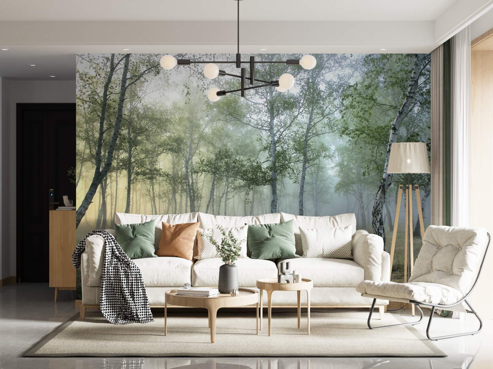 Fotobehang hoge berken gehuld in ochtendmist