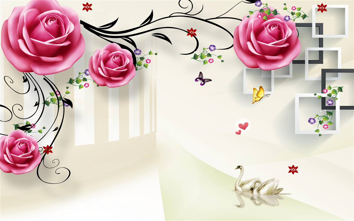 Fotobehang zilveren takken met roze rozen