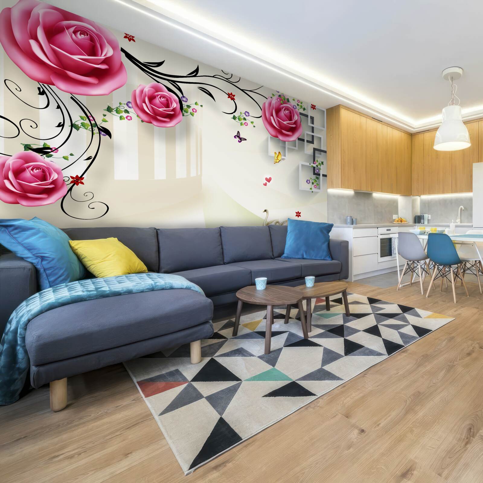 Fotobehang zilveren takken met roze rozen