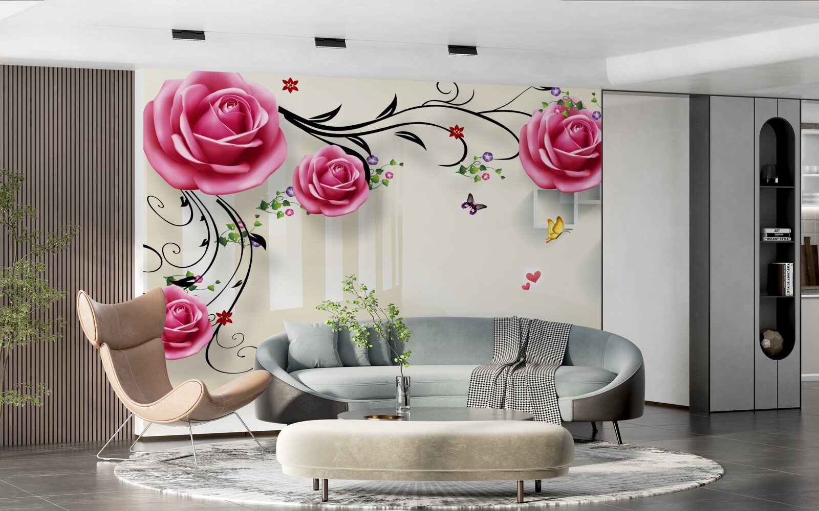 Fotobehang zilveren takken met roze rozen