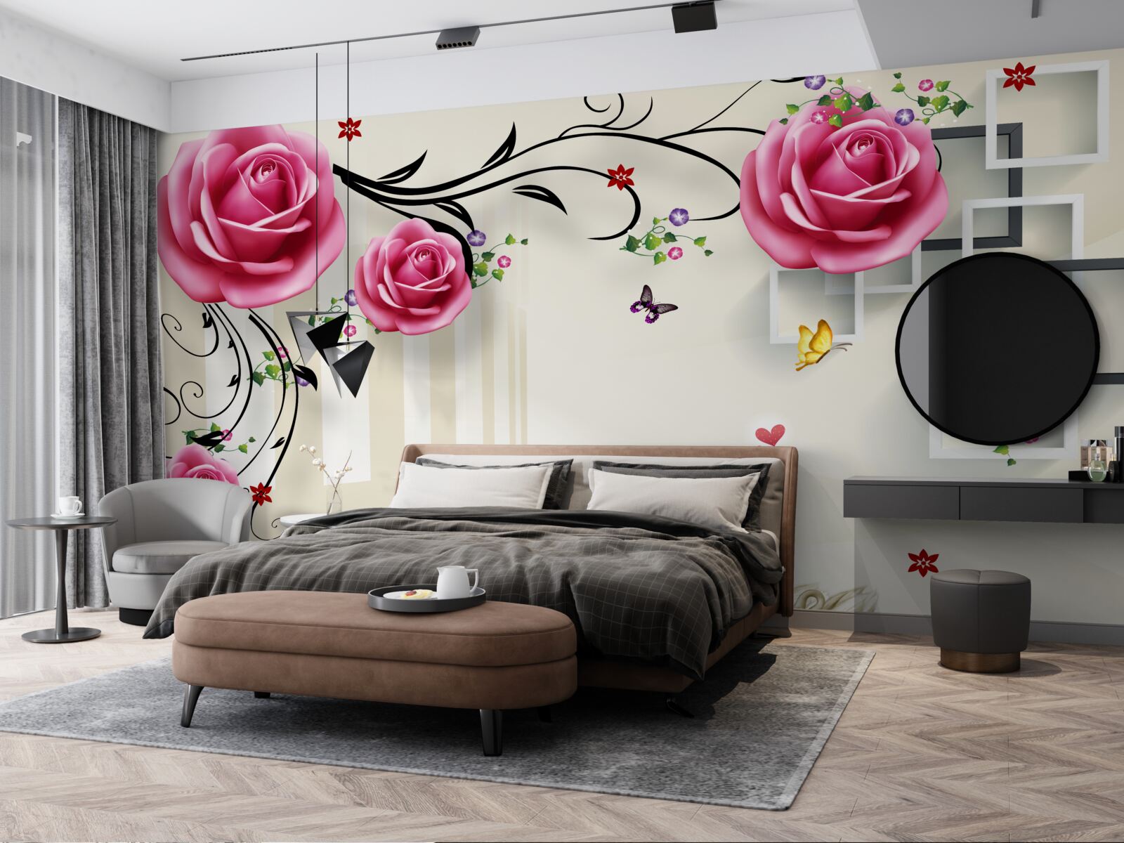 Fotobehang zilveren takken met roze rozen