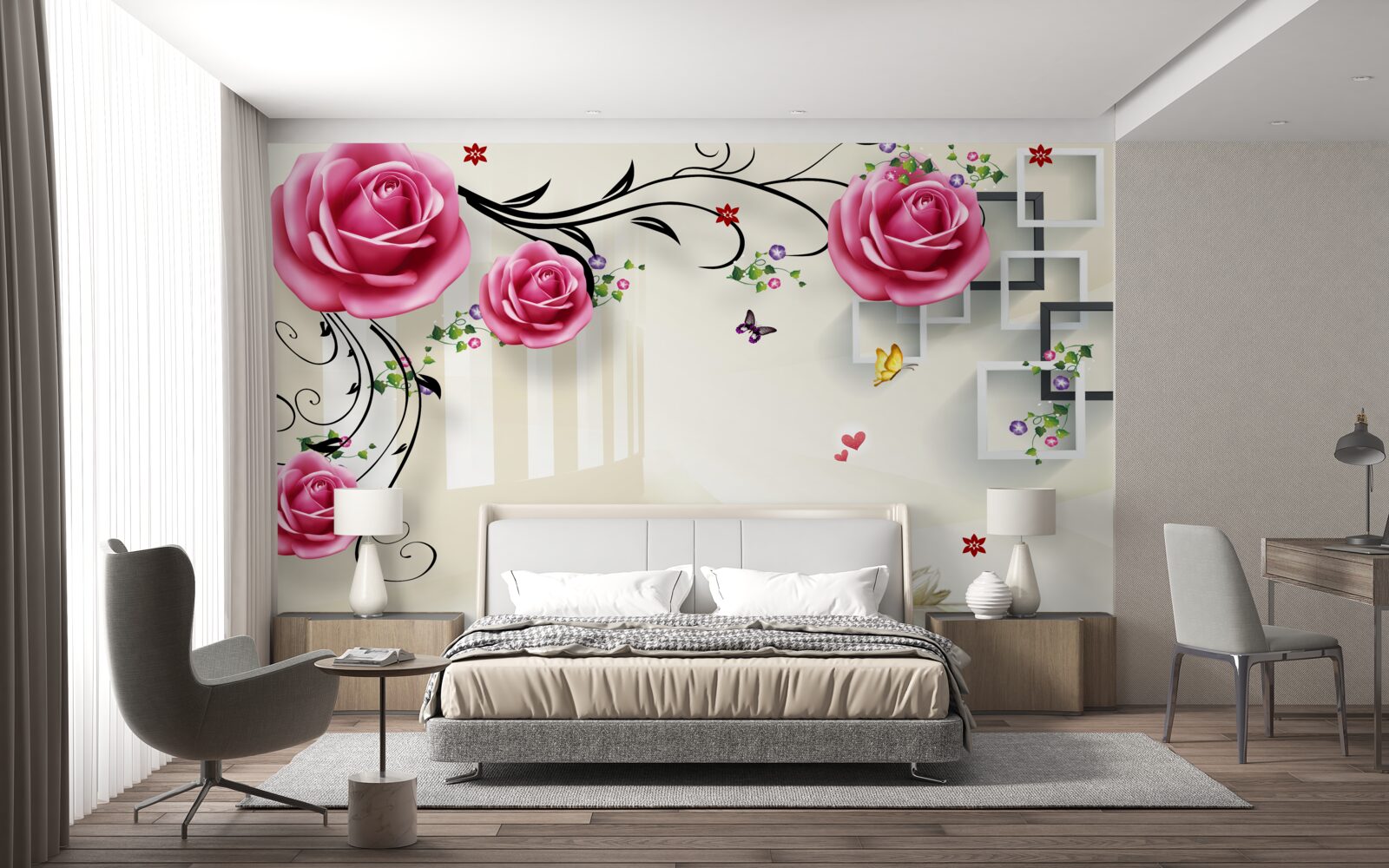 Fotobehang zilveren takken met roze rozen