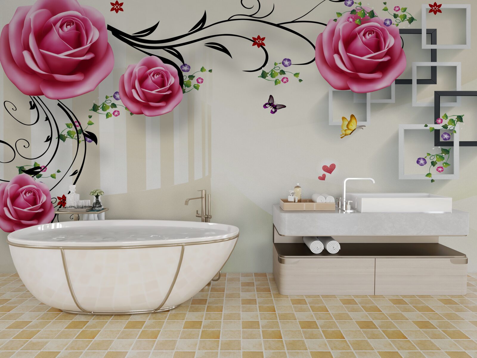 Fotobehang zilveren takken met roze rozen