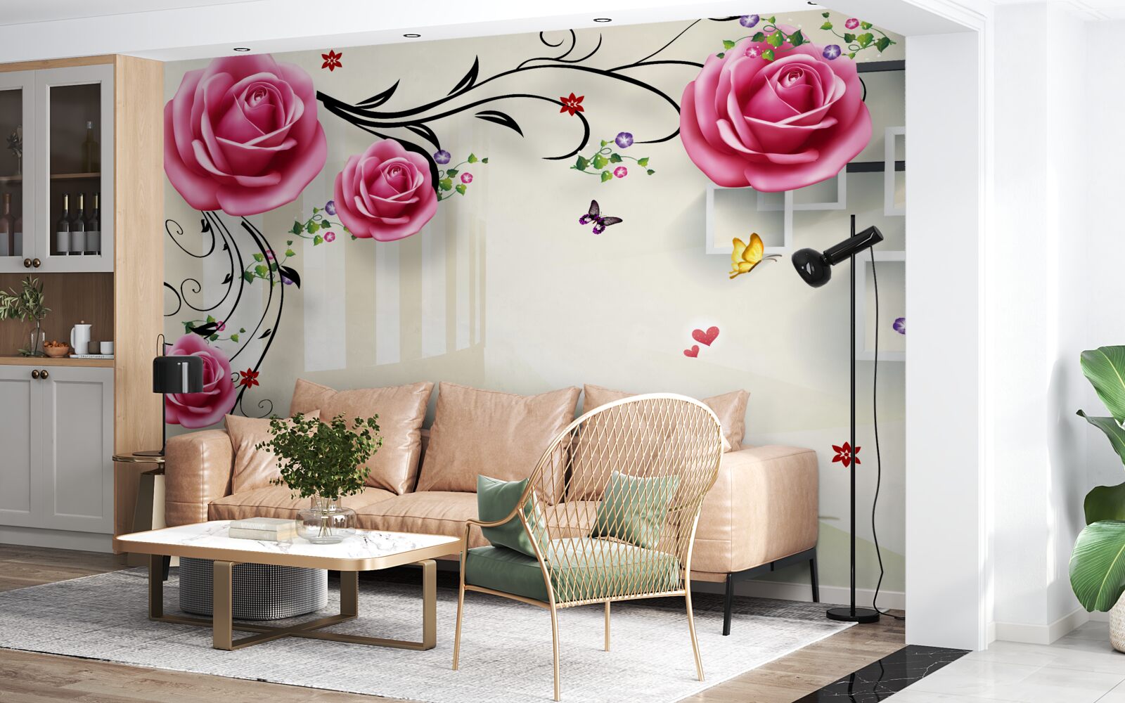 Fotobehang zilveren takken met roze rozen