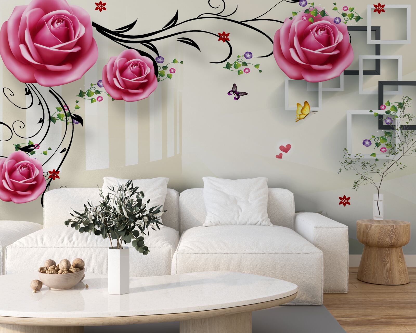 Fotobehang zilveren takken met roze rozen