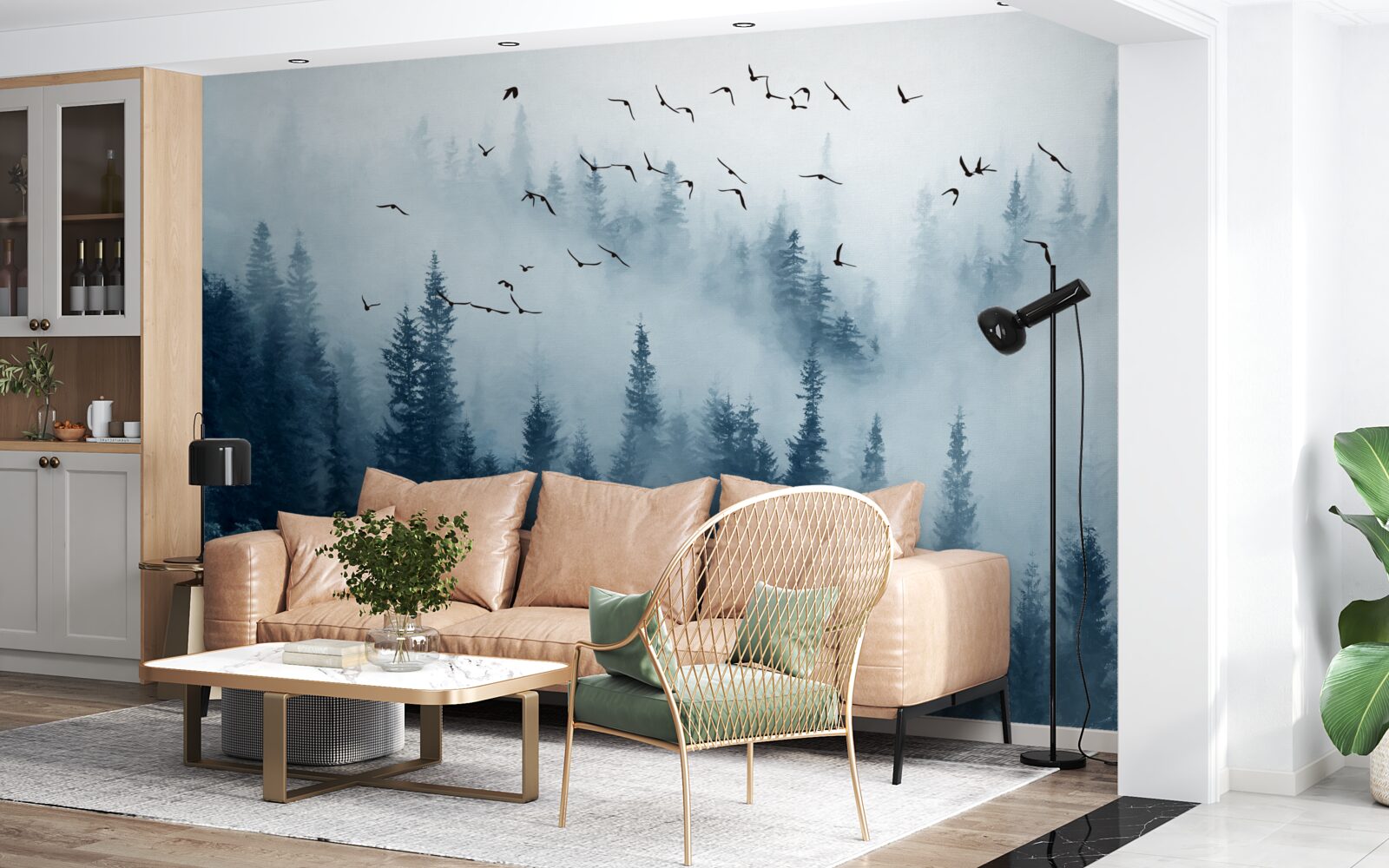 Fotobehang een zwerm vogels vliegt over een in mist gehuld bos