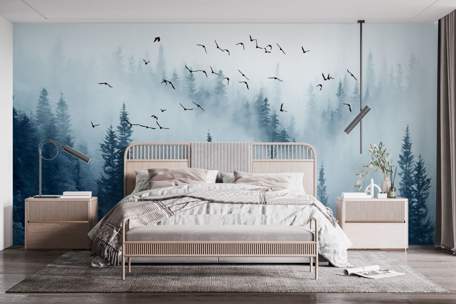 Fotobehang een zwerm vogels vliegt over een in mist gehuld bos