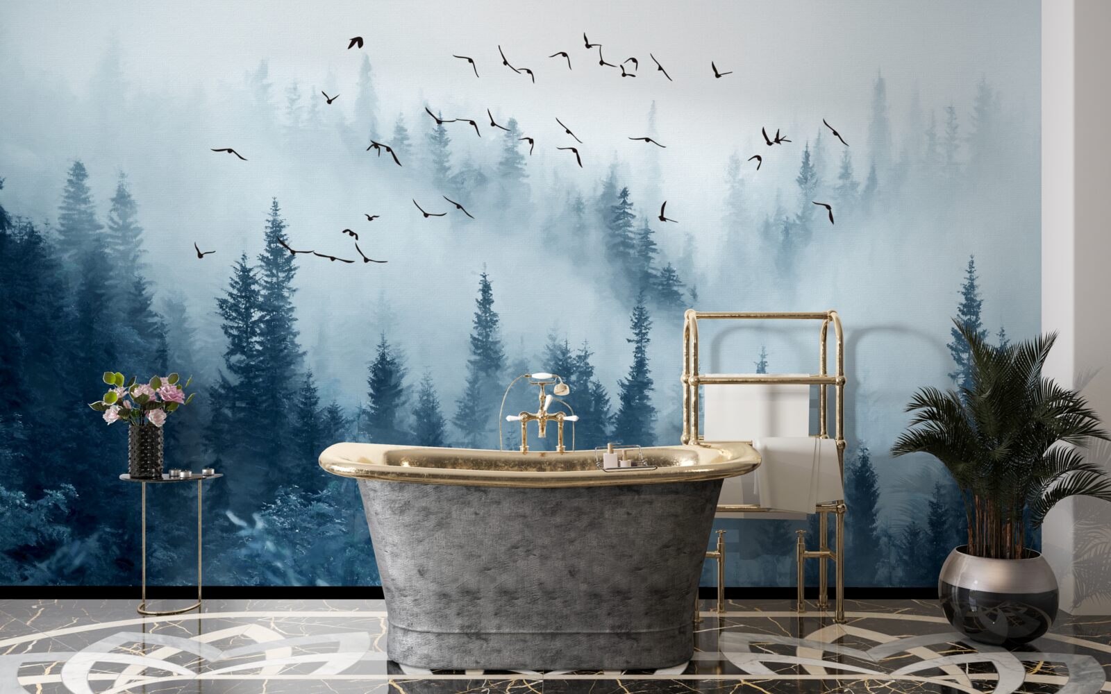 Fotobehang een zwerm vogels vliegt over een in mist gehuld bos