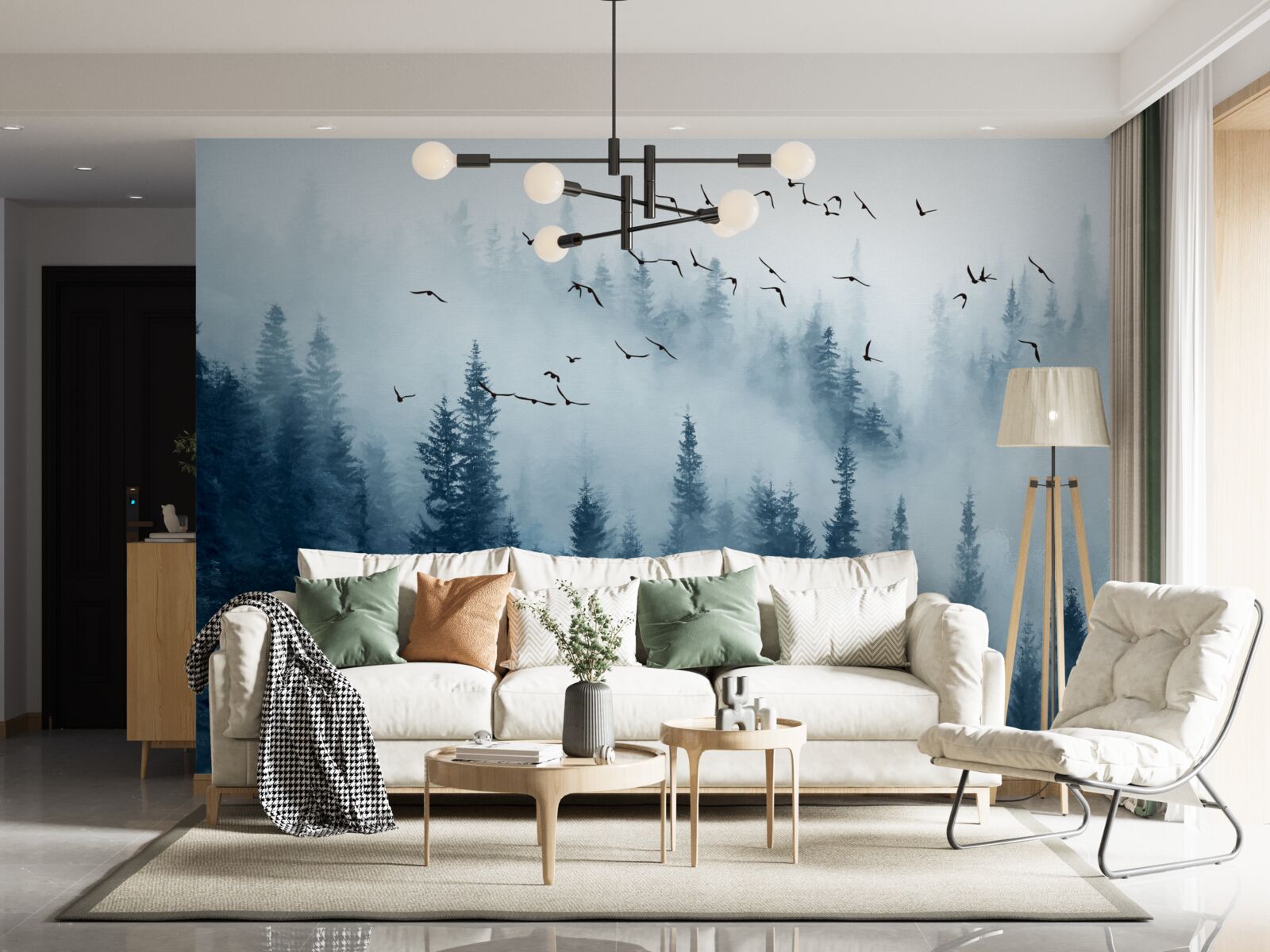 Fotobehang een zwerm vogels vliegt over een in mist gehuld bos