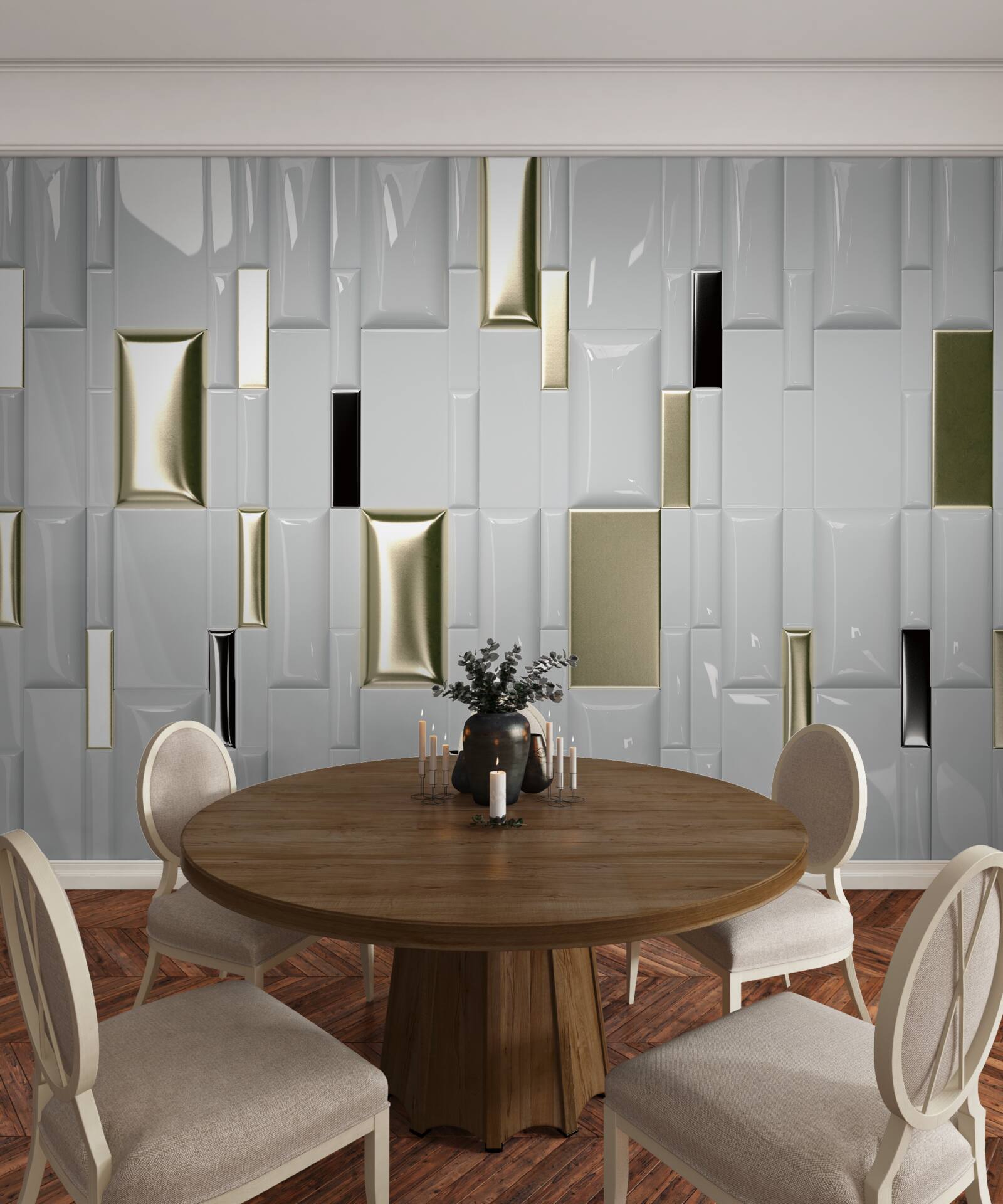 Fotobehang tegels met een glanzend oppervlak en gouden elementen