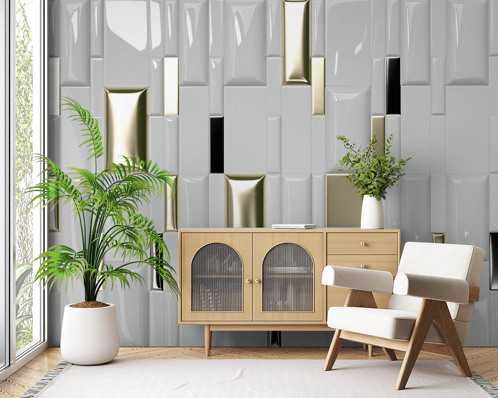 Fotobehang tegels met een glanzend oppervlak en gouden elementen