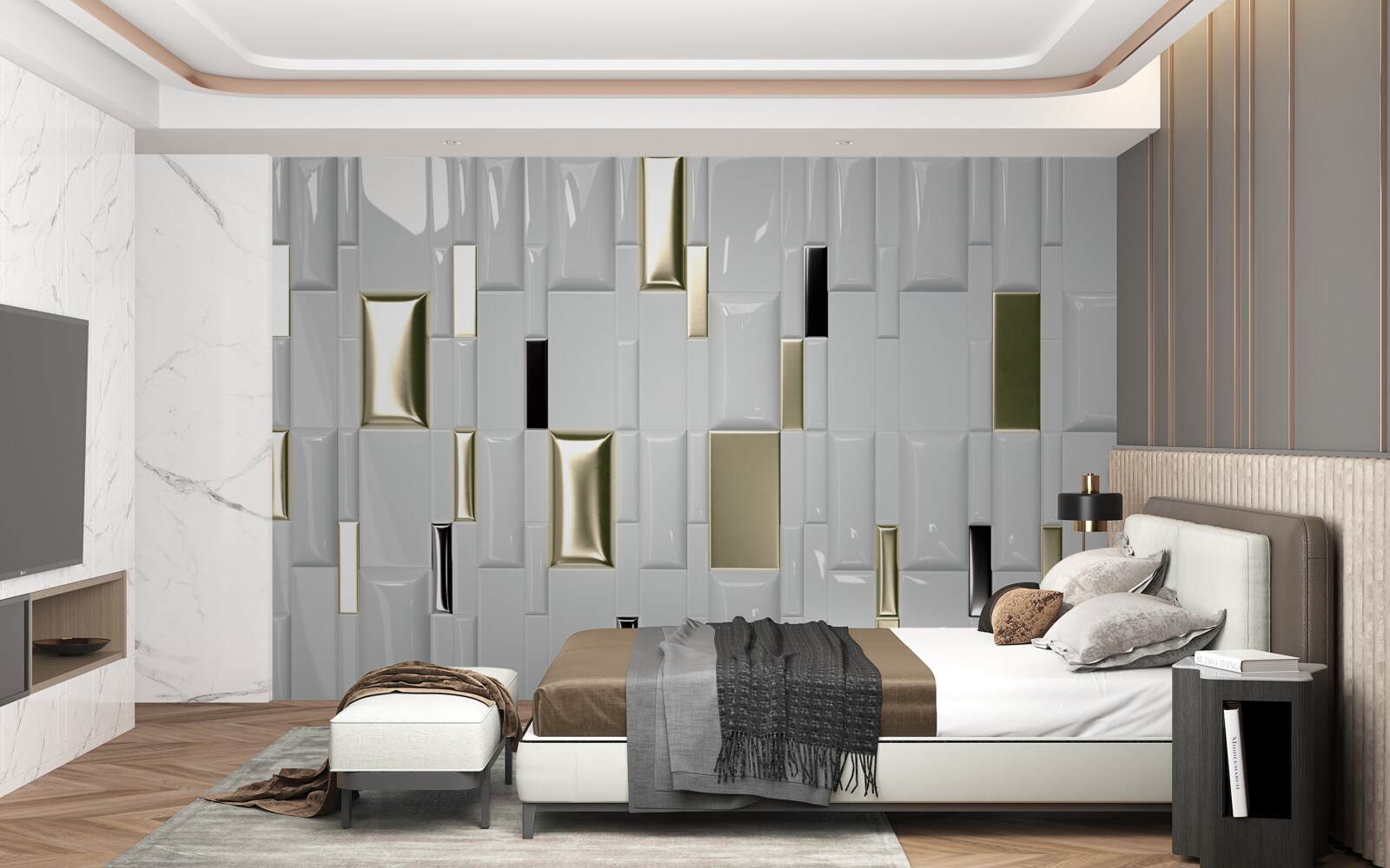 Fotobehang tegels met een glanzend oppervlak en gouden elementen