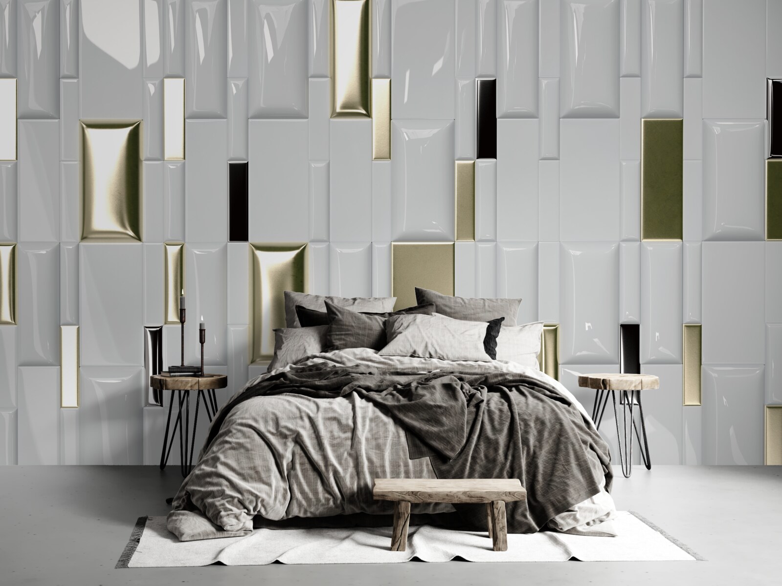 Fotobehang tegels met een glanzend oppervlak en gouden elementen