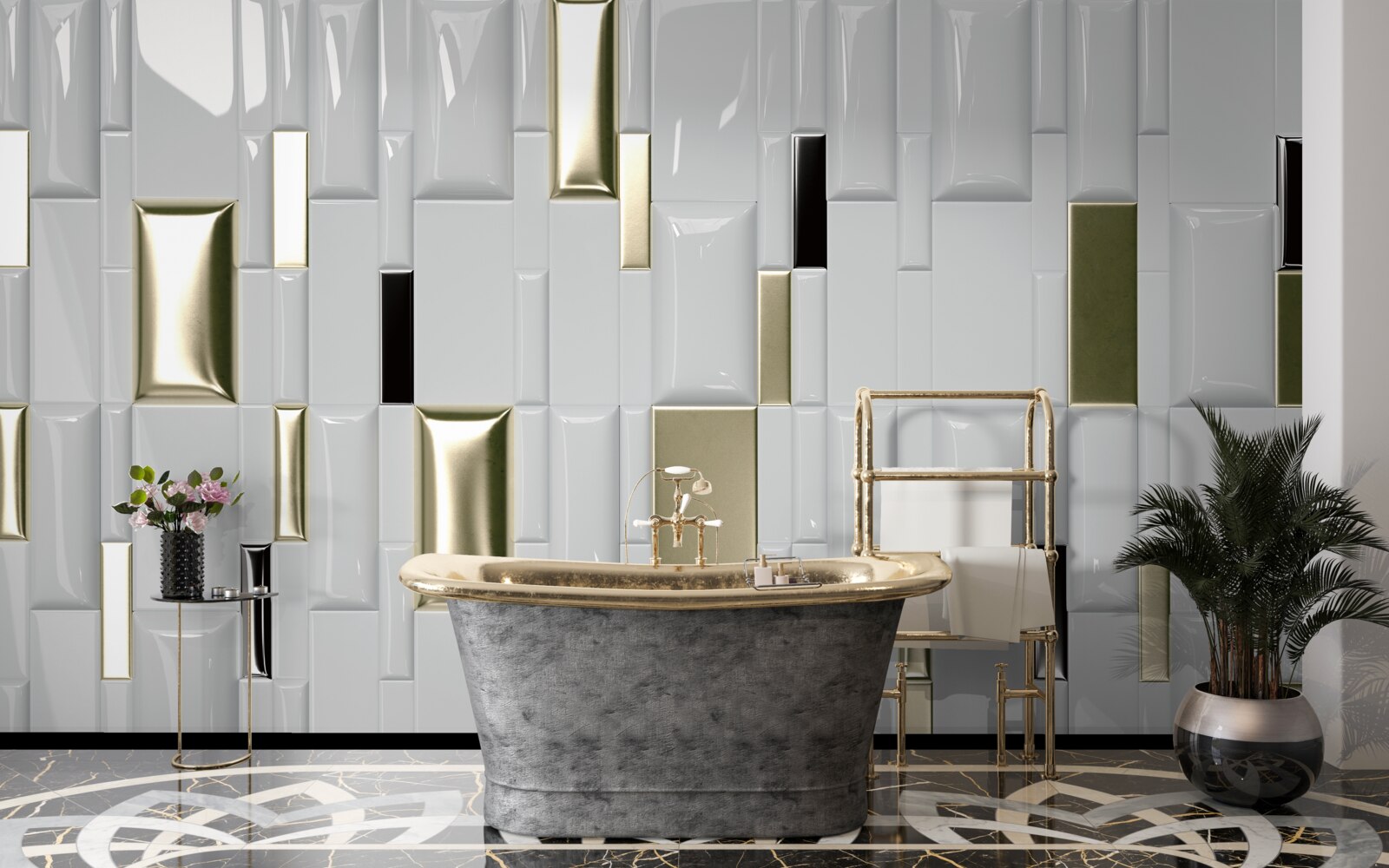 Fotobehang tegels met een glanzend oppervlak en gouden elementen