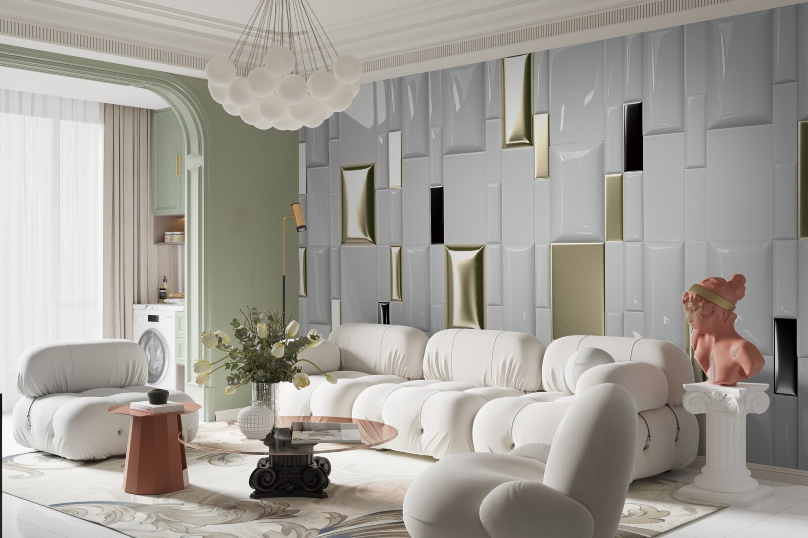 Fotobehang tegels met een glanzend oppervlak en gouden elementen