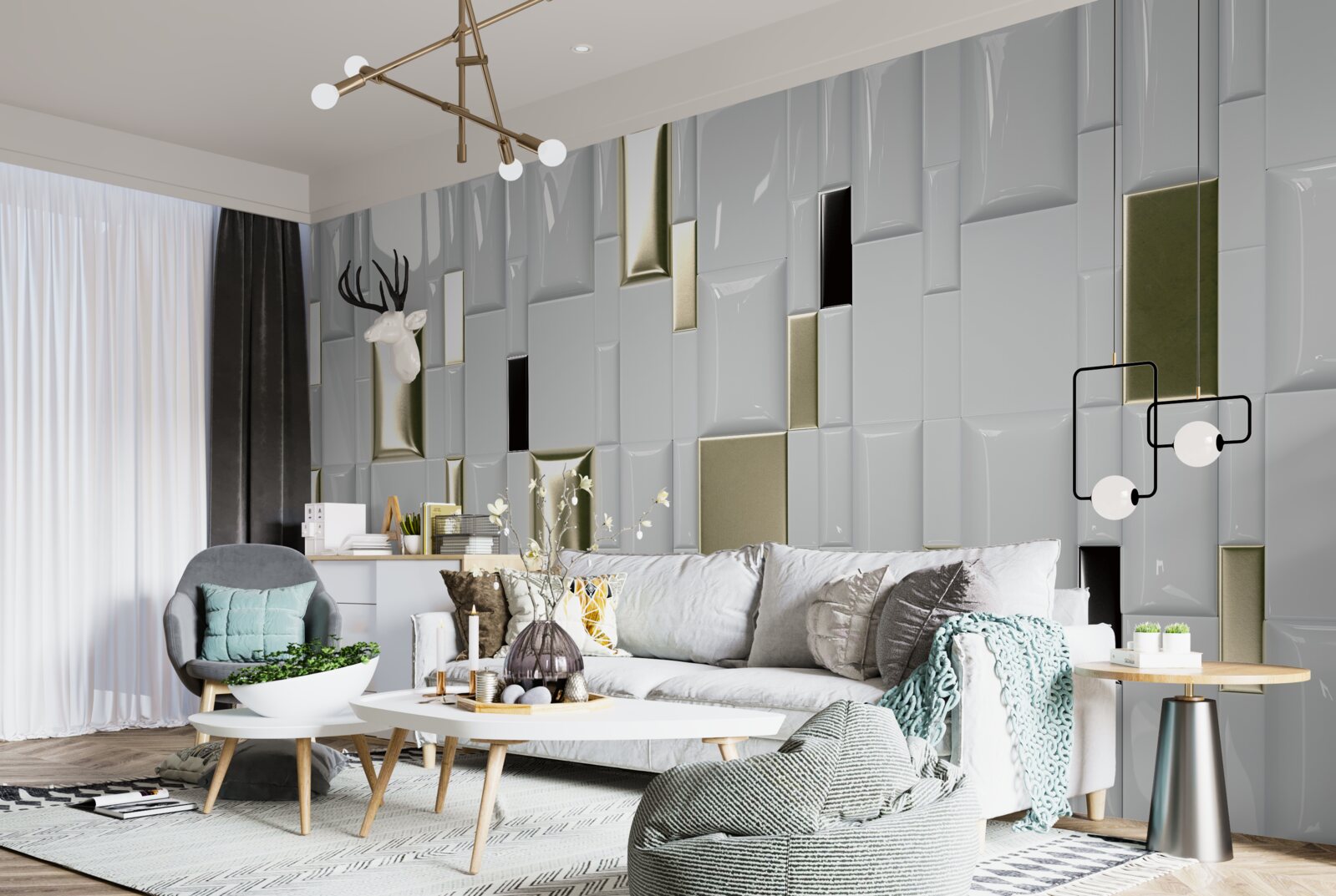 Fotobehang tegels met een glanzend oppervlak en gouden elementen