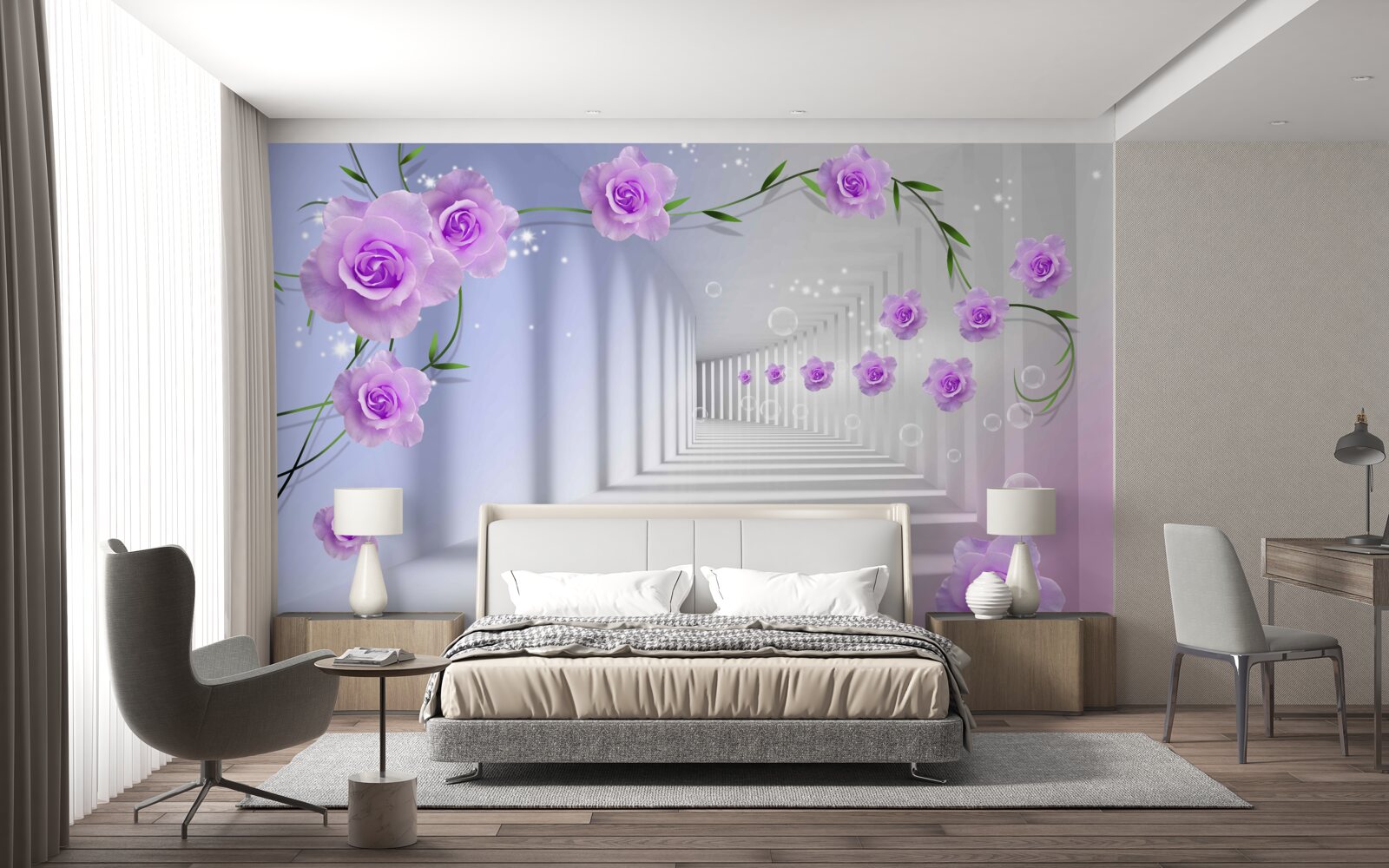 Fotobehang de gang is lang en de rozen zijn lila