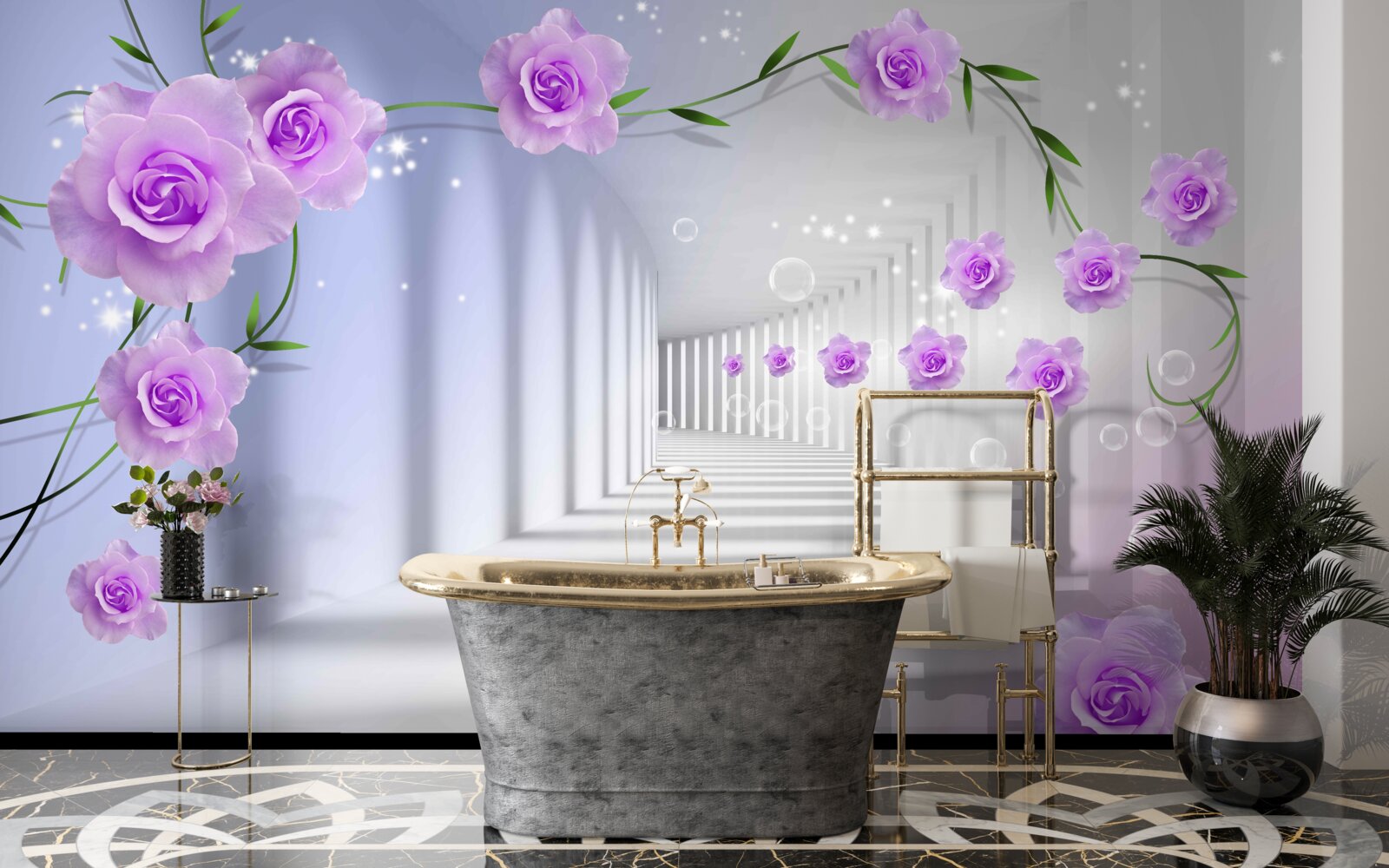 Fotobehang de gang is lang en de rozen zijn lila