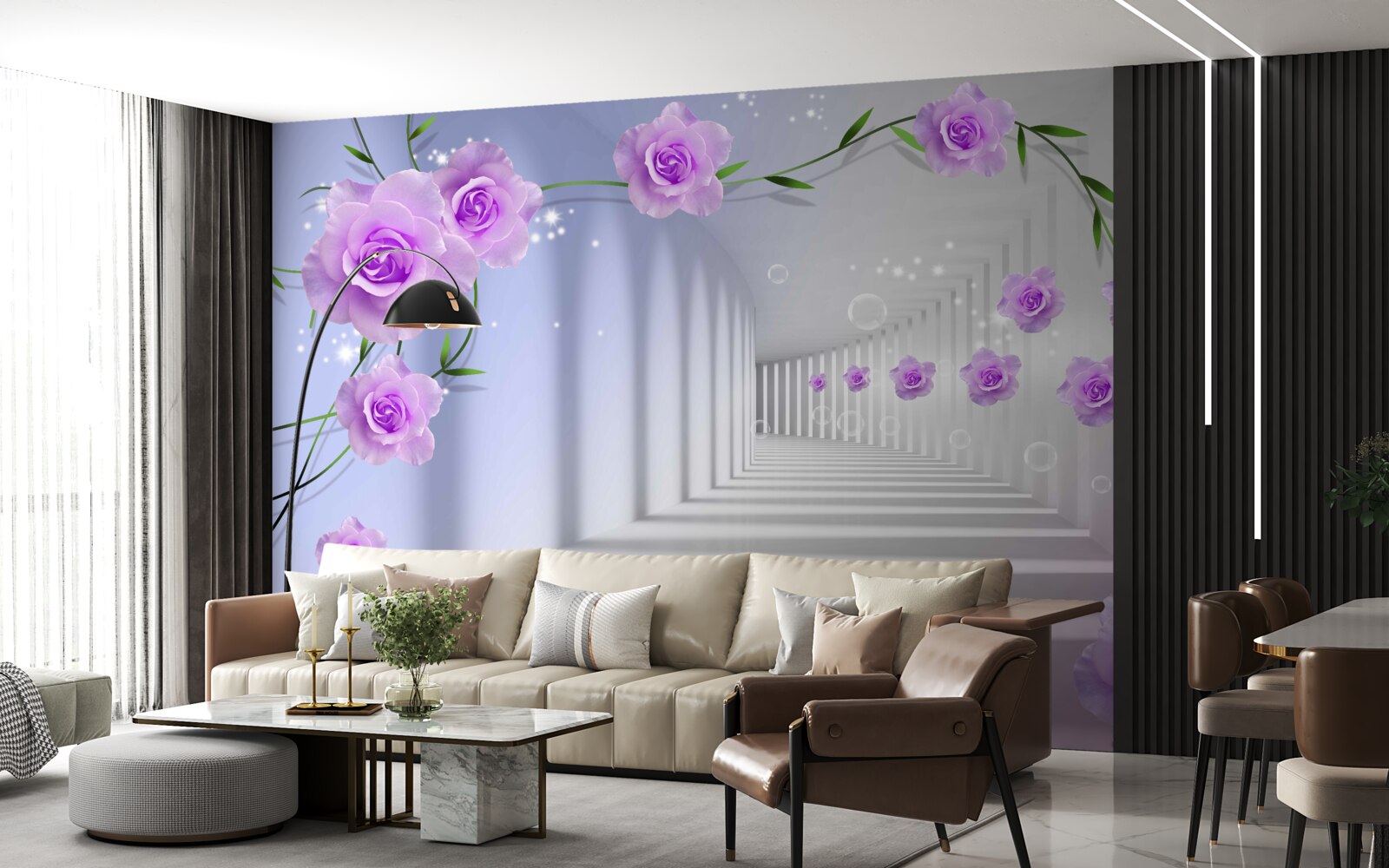 Fotobehang de gang is lang en de rozen zijn lila